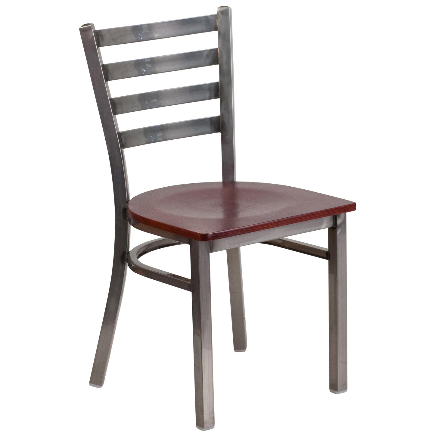 HERCULES Series Silver Antique Finish with Clear Coat Ladder Back Metal Restaurant Chair - Mahogany Wood Seat Mahogany Wood Seat/Clear Coated Metal Frame