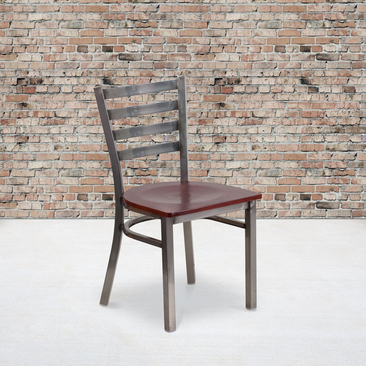 HERCULES Series Silver Antique Finish with Clear Coat Ladder Back Metal Restaurant Chair - Mahogany Wood Seat Mahogany Wood Seat/Clear Coated Metal Frame