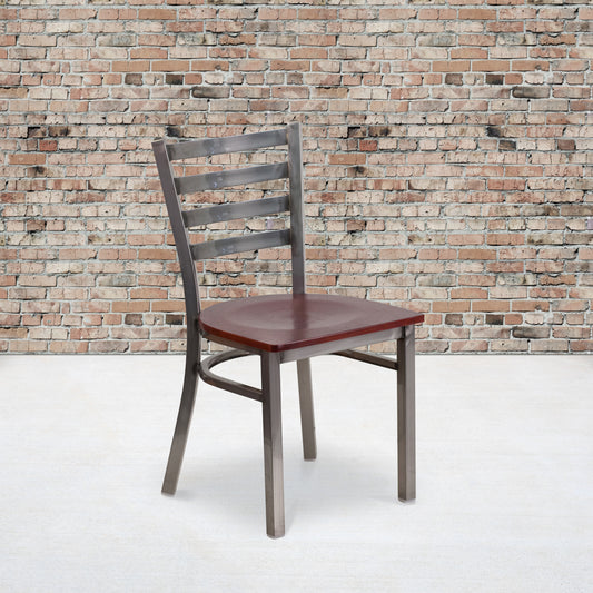 HERCULES Series Silver Antique Finish with Clear Coat Ladder Back Metal Restaurant Chair - Mahogany Wood Seat Mahogany Wood Seat/Clear Coated Metal Frame