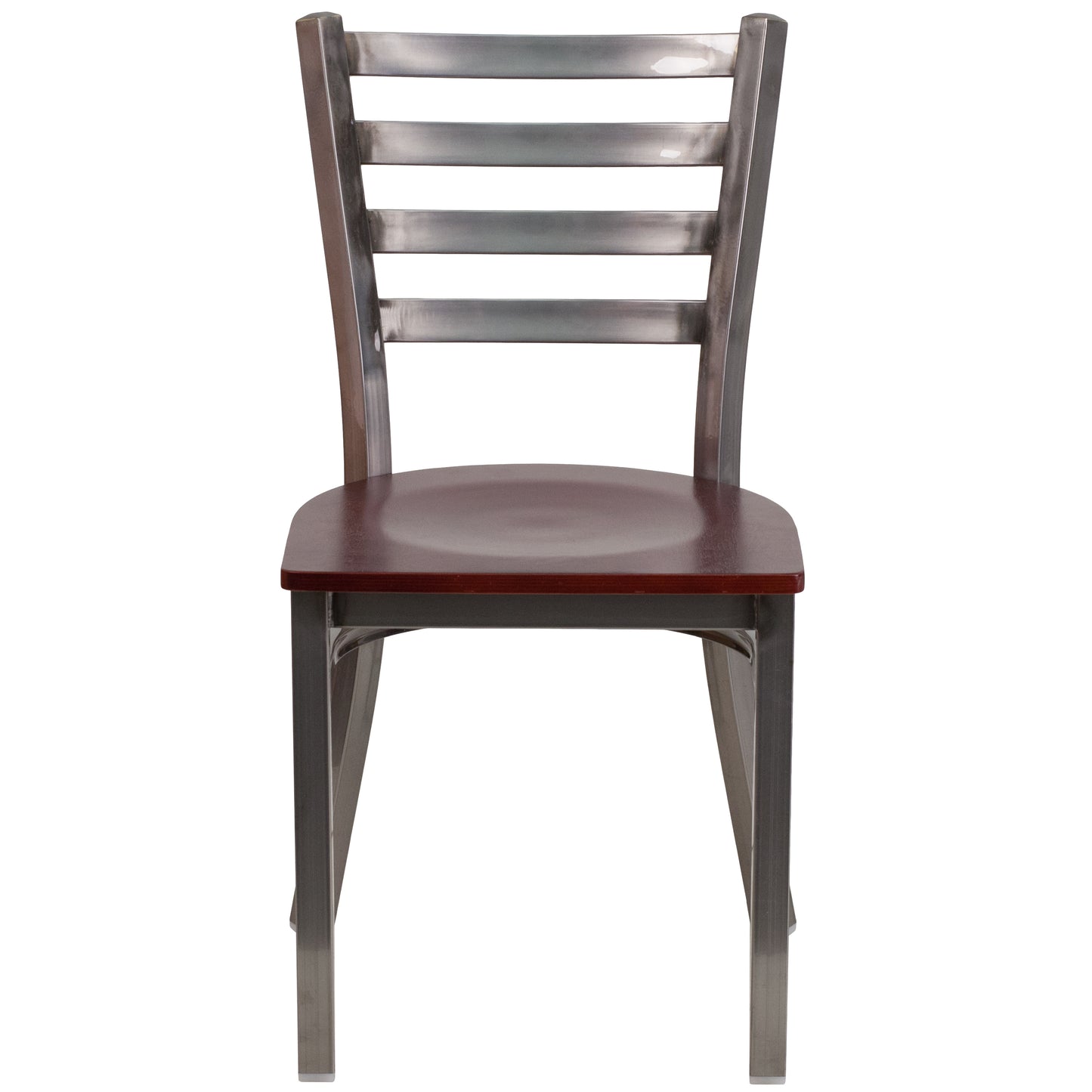 HERCULES Series Silver Antique Finish with Clear Coat Ladder Back Metal Restaurant Chair - Mahogany Wood Seat Mahogany Wood Seat/Clear Coated Metal Frame