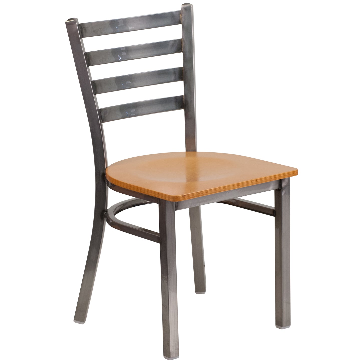 HERCULES Series Silver Antique Finish with Clear Coat Ladder Back Metal Restaurant Chair - Natural Wood Seat Natural Wood Seat/Clear Coated Metal Frame