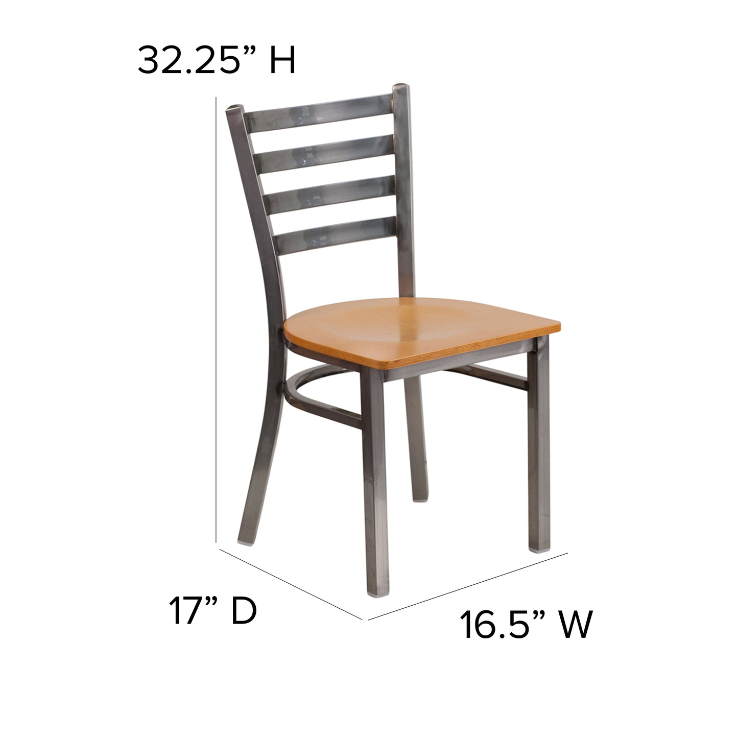 HERCULES Series Silver Antique Finish with Clear Coat Ladder Back Metal Restaurant Chair - Natural Wood Seat Natural Wood Seat/Clear Coated Metal Frame