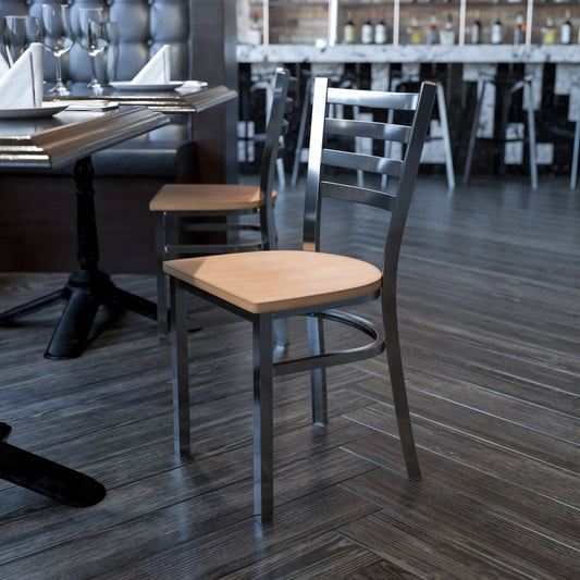 HERCULES Series Silver Antique Finish with Clear Coat Ladder Back Metal Restaurant Chair - Natural Wood Seat Natural Wood Seat/Clear Coated Metal Frame