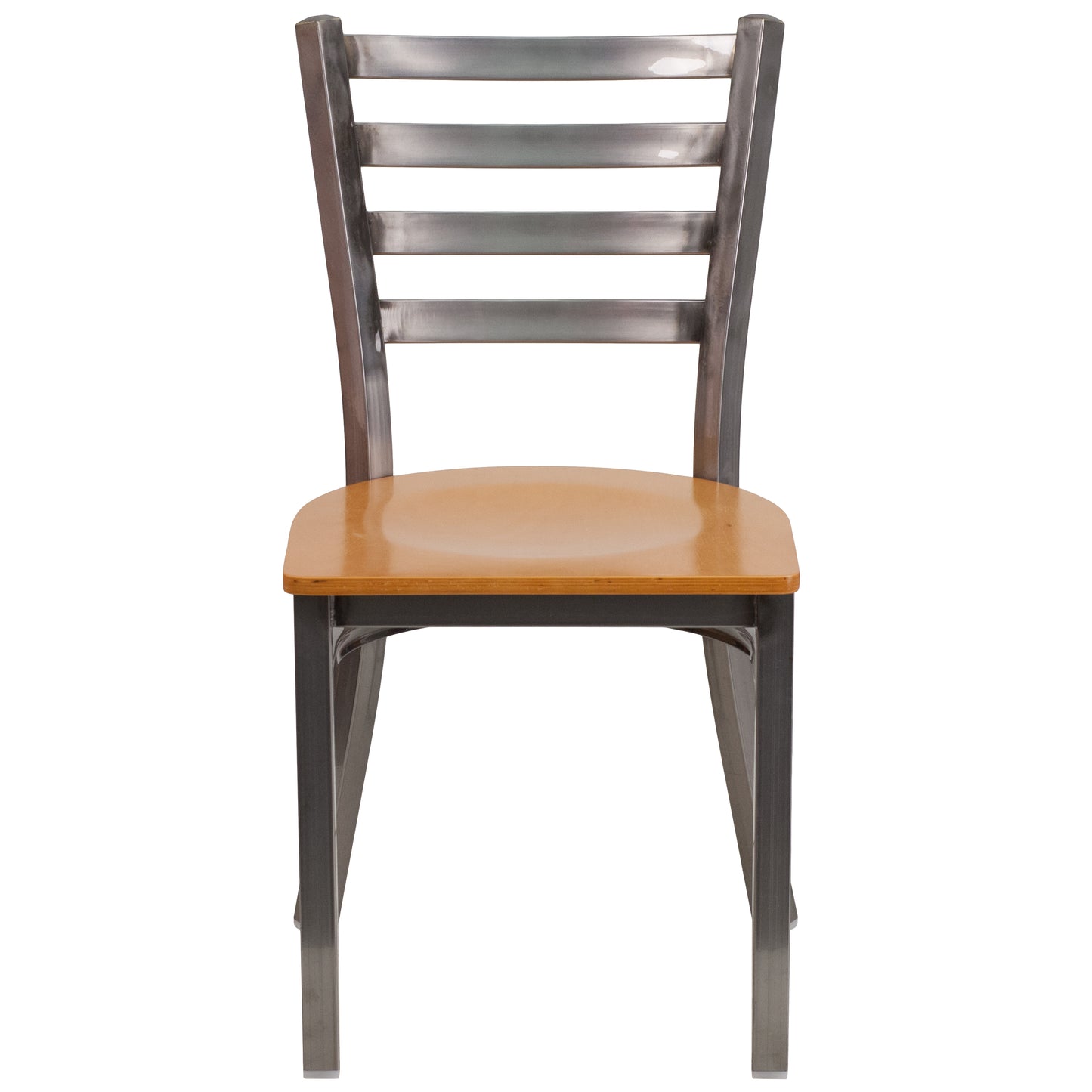 HERCULES Series Silver Antique Finish with Clear Coat Ladder Back Metal Restaurant Chair - Natural Wood Seat Natural Wood Seat/Clear Coated Metal Frame