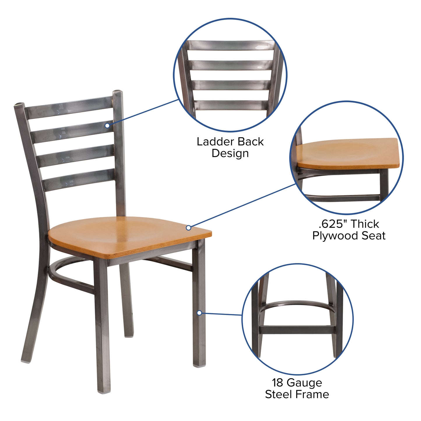 HERCULES Series Silver Antique Finish with Clear Coat Ladder Back Metal Restaurant Chair - Natural Wood Seat Natural Wood Seat/Clear Coated Metal Frame