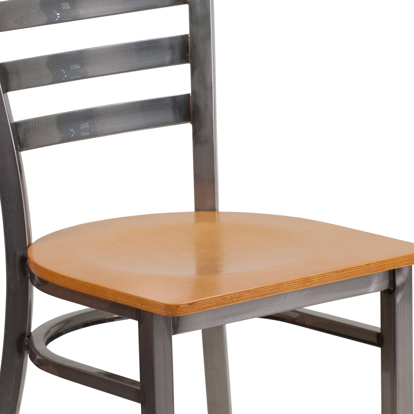 HERCULES Series Silver Antique Finish with Clear Coat Ladder Back Metal Restaurant Chair - Natural Wood Seat Natural Wood Seat/Clear Coated Metal Frame