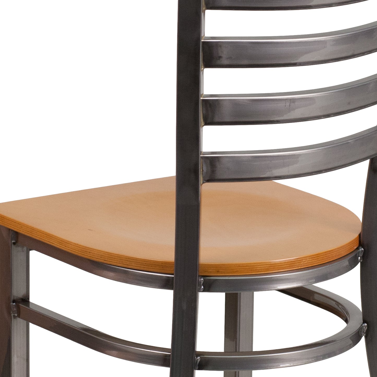 HERCULES Series Silver Antique Finish with Clear Coat Ladder Back Metal Restaurant Chair - Natural Wood Seat Natural Wood Seat/Clear Coated Metal Frame