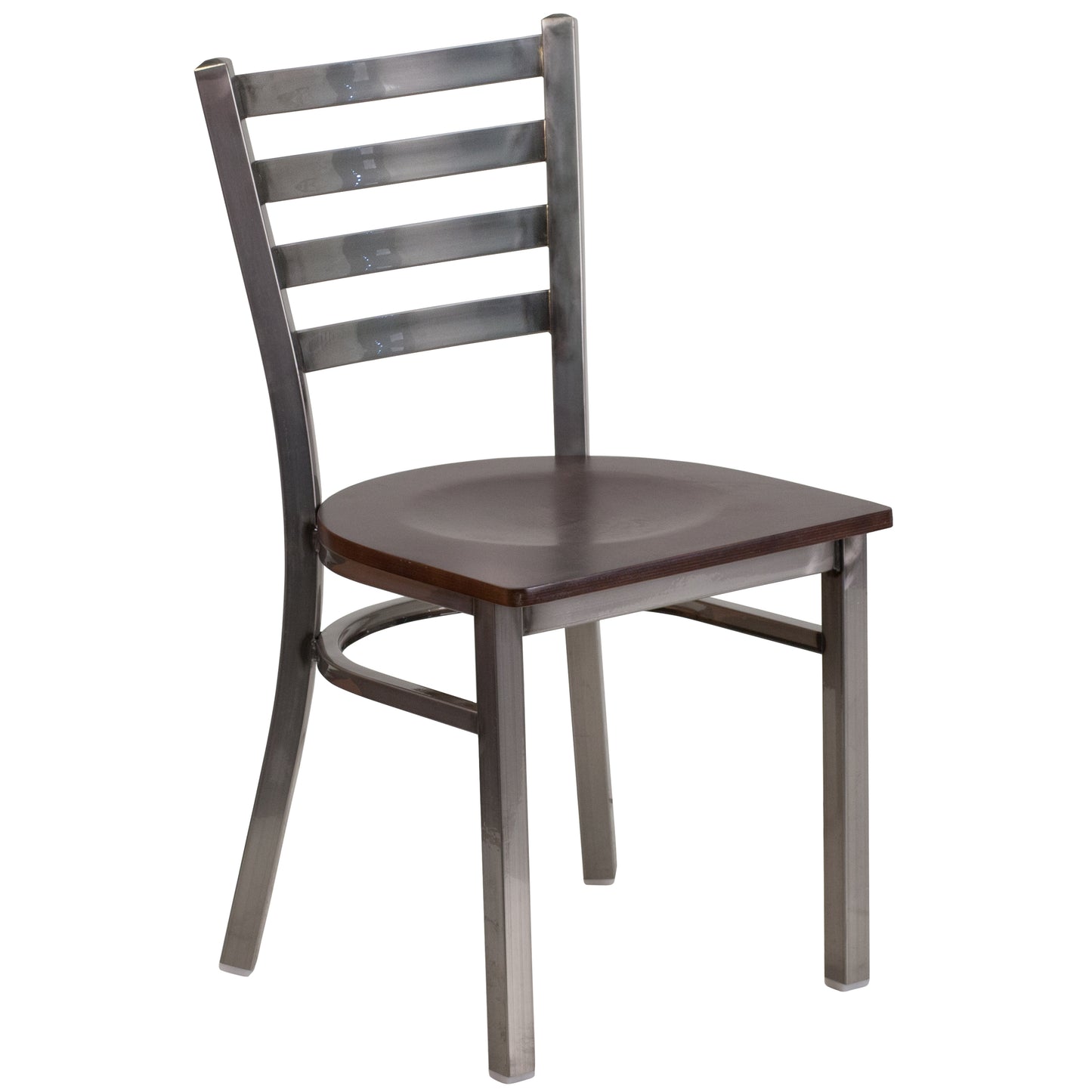 HERCULES Series Silver Antique Finish with Clear Coat Ladder Back Metal Restaurant Chair - Walnut Wood Seat Walnut Wood Seat/Clear Coated Metal Frame XU-DG694BLAD-CLR-WALW-GG