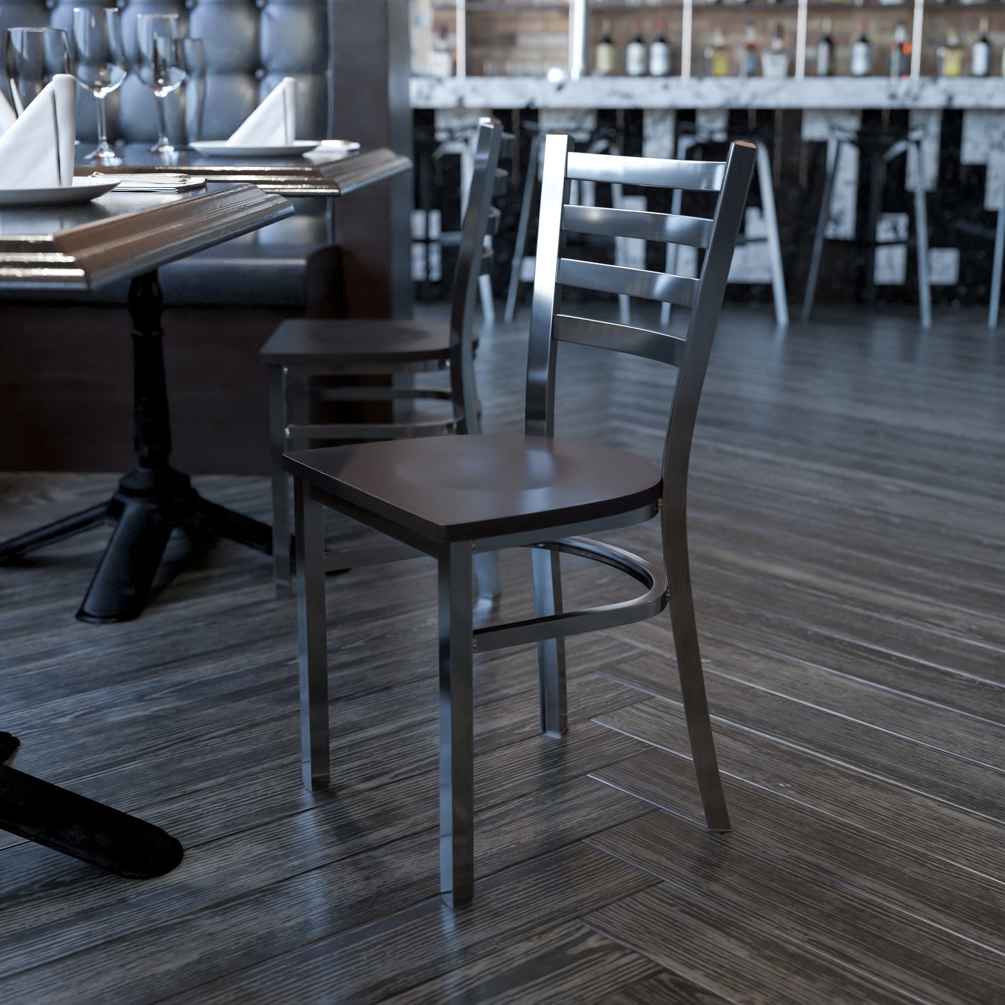 HERCULES Series Silver Antique Finish with Clear Coat Ladder Back Metal Restaurant Chair - Walnut Wood Seat Walnut Wood Seat/Clear Coated Metal Frame XU-DG694BLAD-CLR-WALW-GG