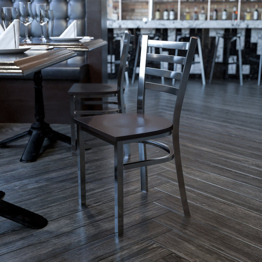 HERCULES Series Silver Antique Finish with Clear Coat Ladder Back Metal Restaurant Chair - Walnut Wood Seat Walnut Wood Seat/Clear Coated Metal Frame