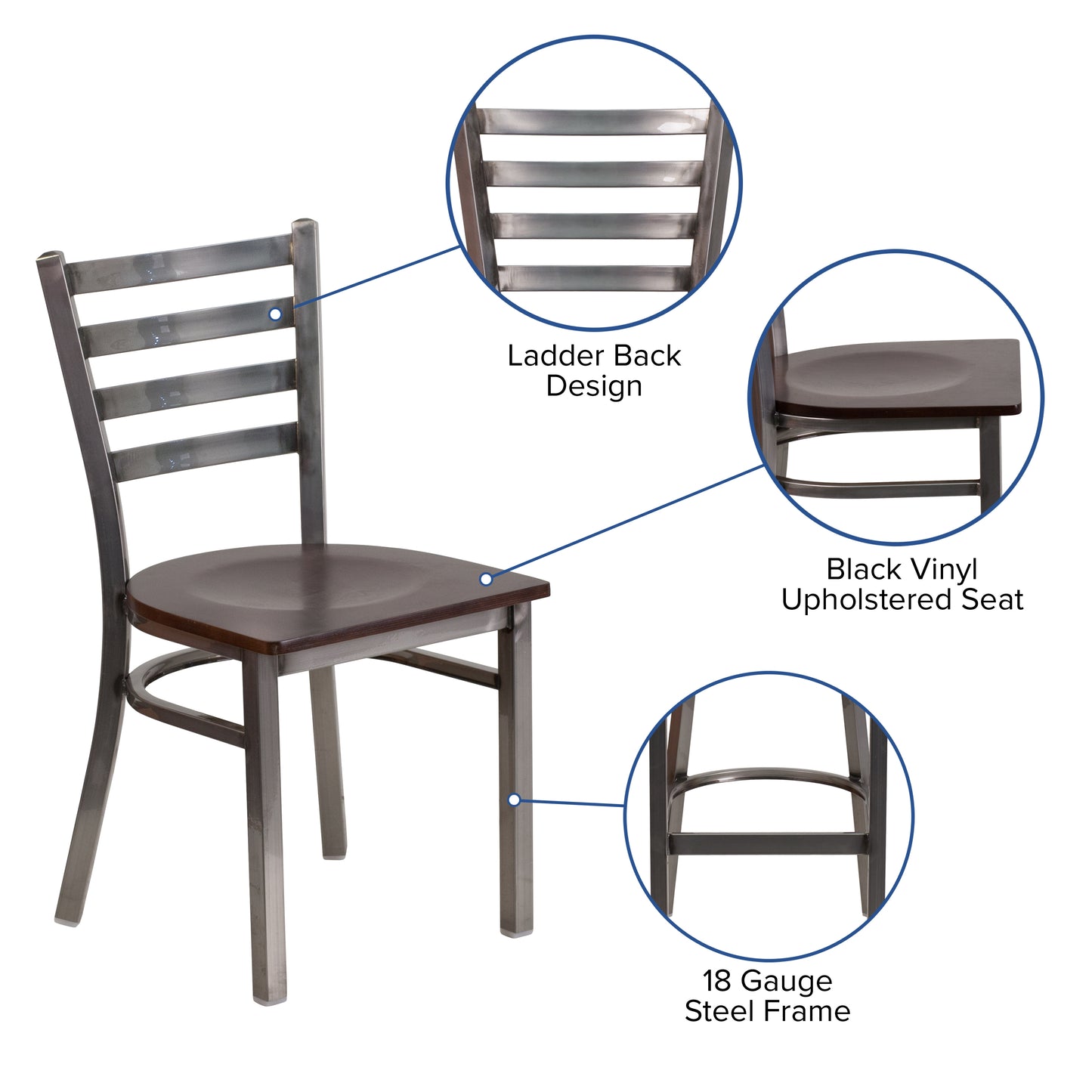 HERCULES Series Silver Antique Finish with Clear Coat Ladder Back Metal Restaurant Chair - Walnut Wood Seat Walnut Wood Seat/Clear Coated Metal Frame XU-DG694BLAD-CLR-WALW-GG