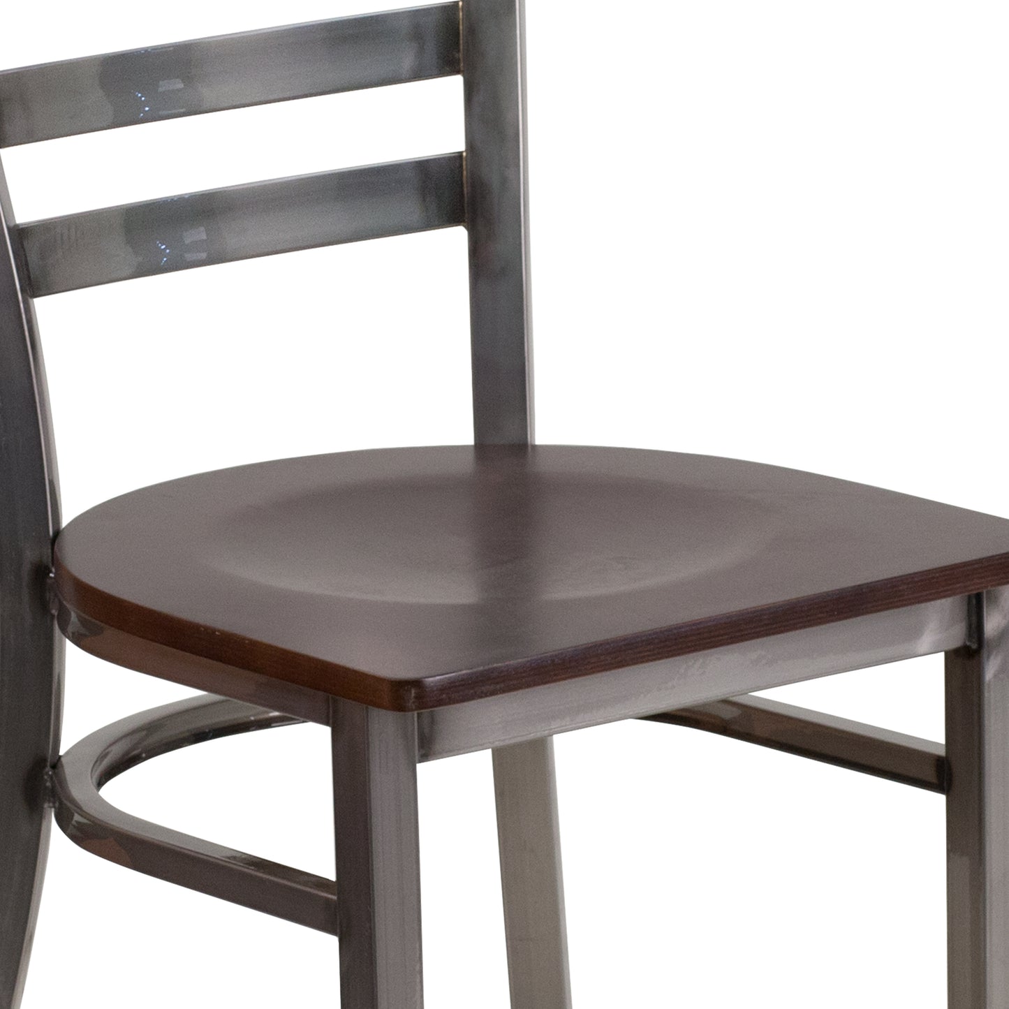 HERCULES Series Silver Antique Finish with Clear Coat Ladder Back Metal Restaurant Chair - Walnut Wood Seat Walnut Wood Seat/Clear Coated Metal Frame XU-DG694BLAD-CLR-WALW-GG