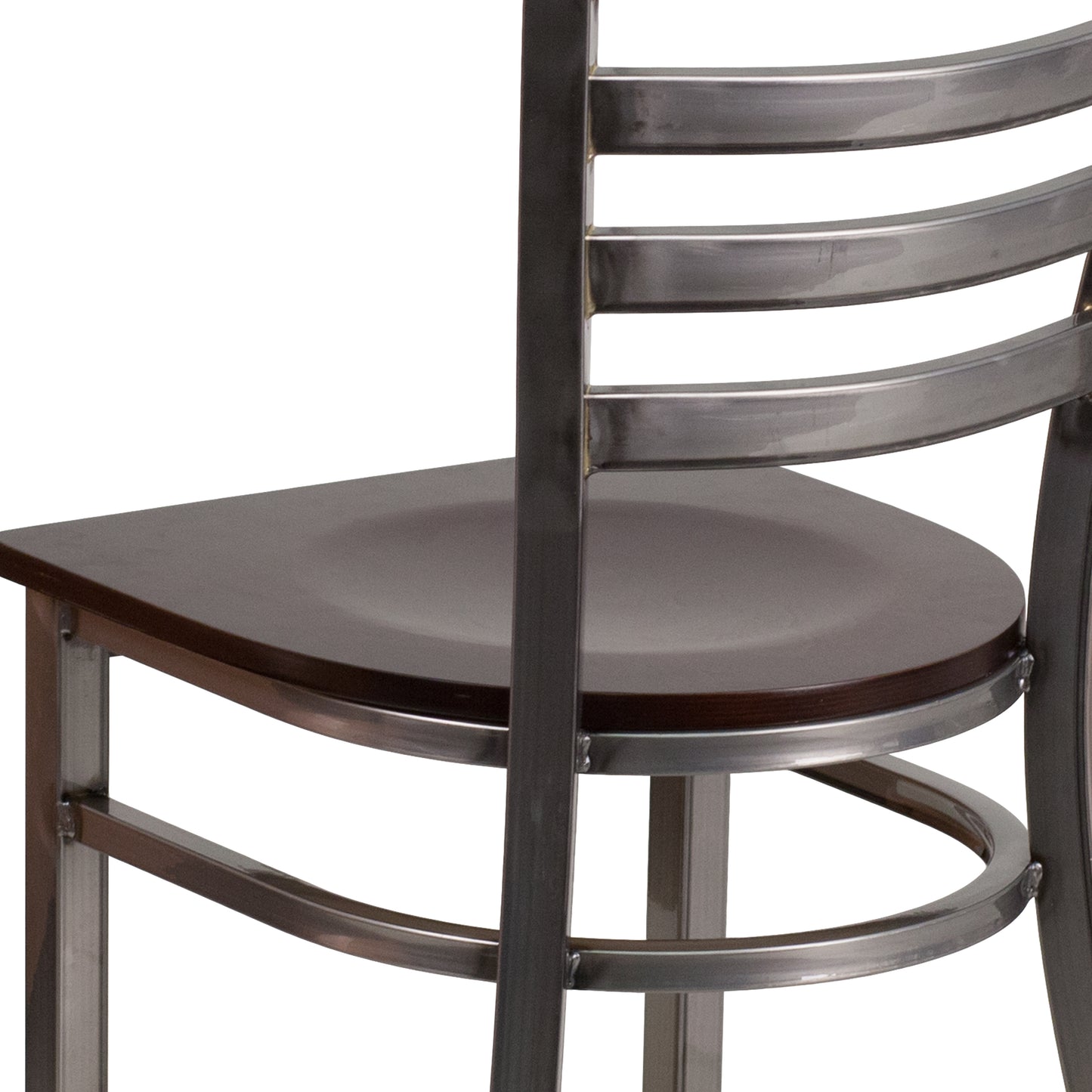 HERCULES Series Silver Antique Finish with Clear Coat Ladder Back Metal Restaurant Chair - Walnut Wood Seat Walnut Wood Seat/Clear Coated Metal Frame XU-DG694BLAD-CLR-WALW-GG