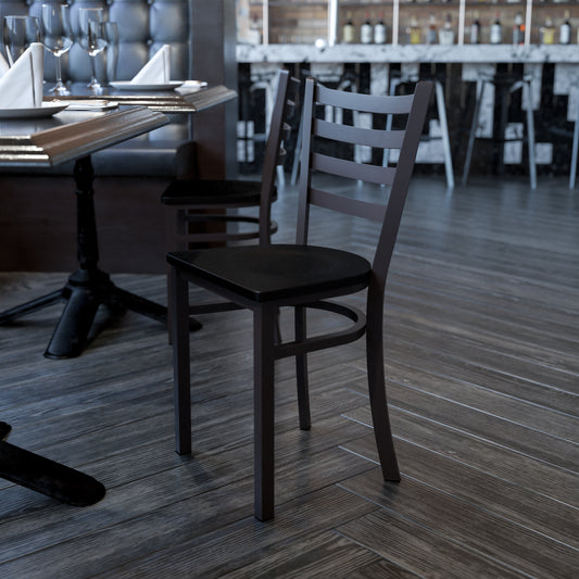 HERCULES Series Black Ladder Back Metal Restaurant Chair - Mahogany Wood Seat Mahogany Wood Seat/Black Metal Frame