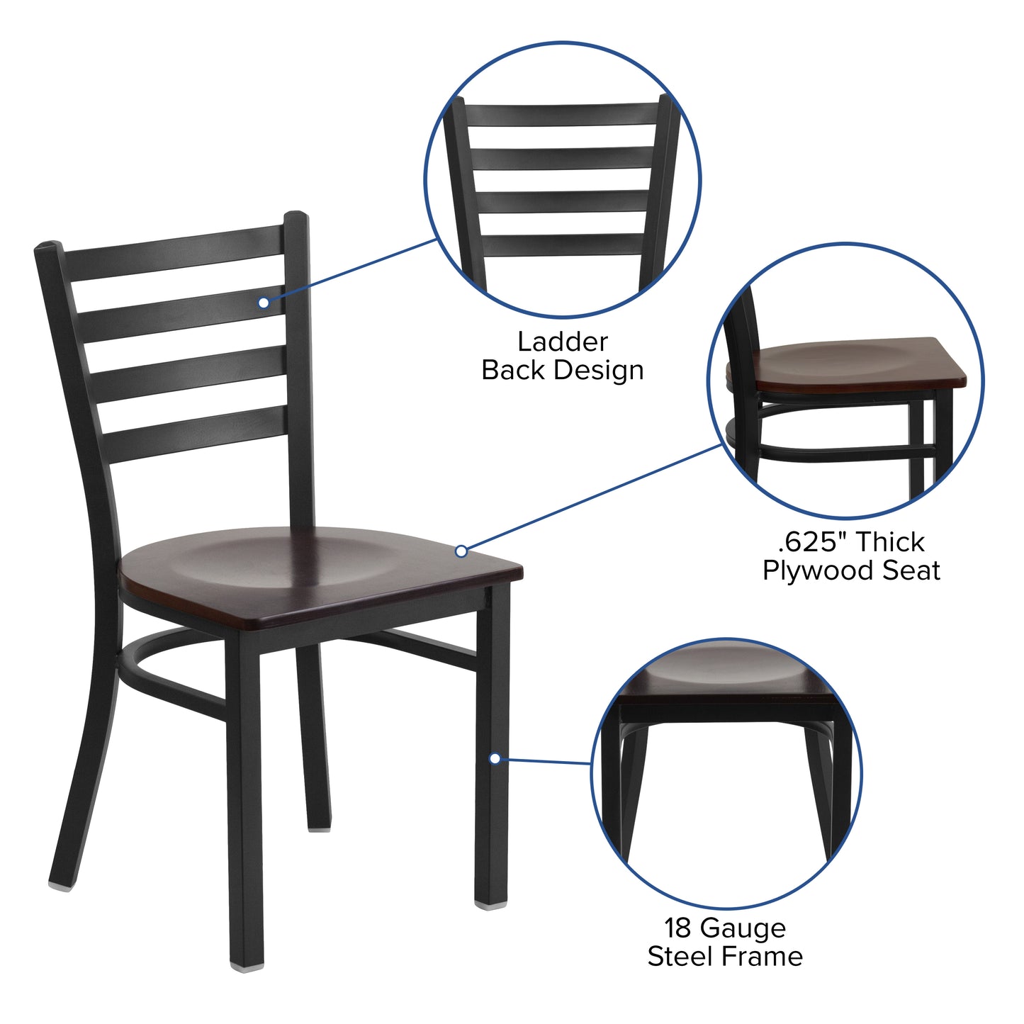 HERCULES Series Black Ladder Back Metal Restaurant Chair - Mahogany Wood Seat Mahogany Wood Seat/Black Metal Frame