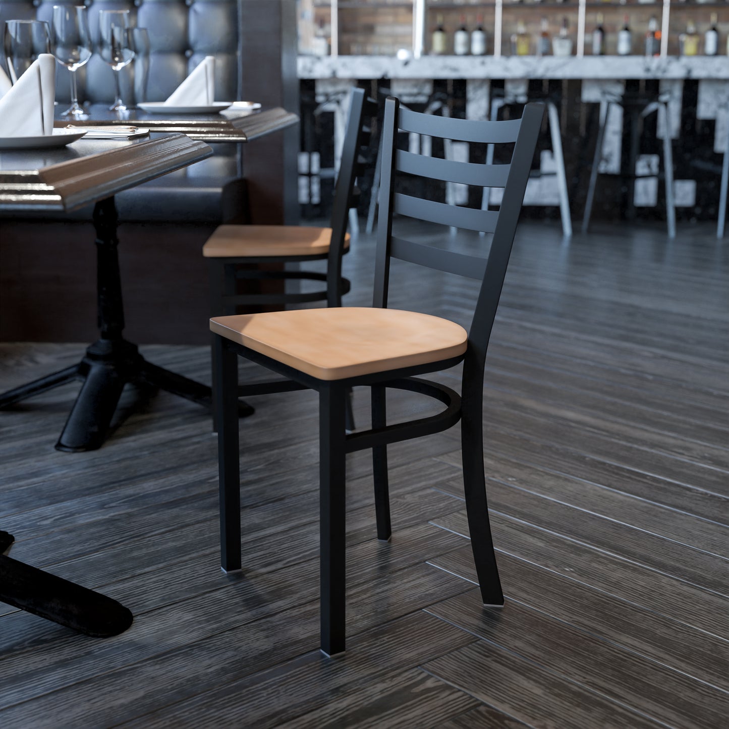 HERCULES Series Black Ladder Back Metal Restaurant Chair - Natural Wood Seat Natural Wood Seat/Black Metal Frame