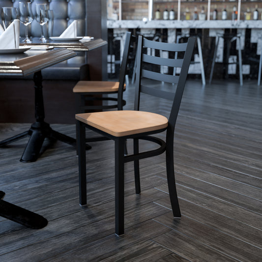 HERCULES Series Black Ladder Back Metal Restaurant Chair - Natural Wood Seat Natural Wood Seat/Black Metal Frame