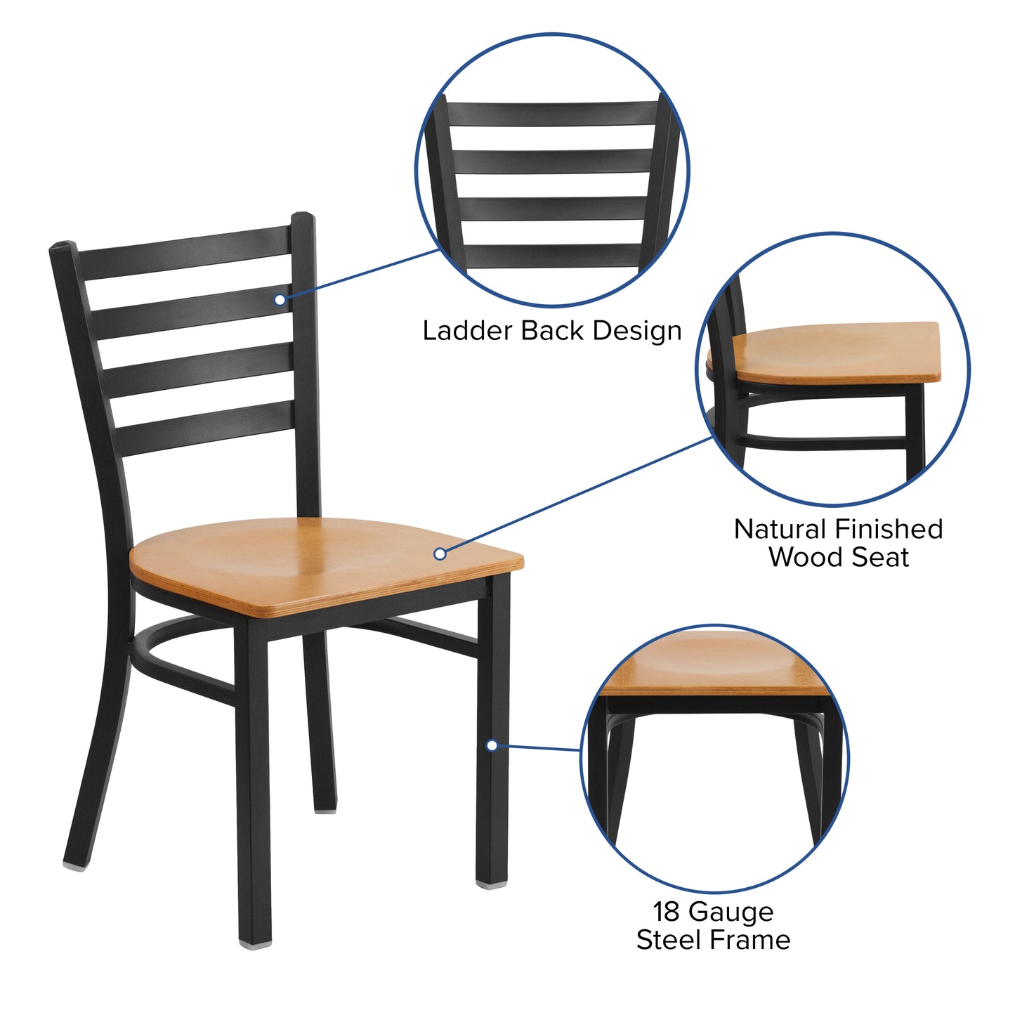 HERCULES Series Black Ladder Back Metal Restaurant Chair - Natural Wood Seat Natural Wood Seat/Black Metal Frame