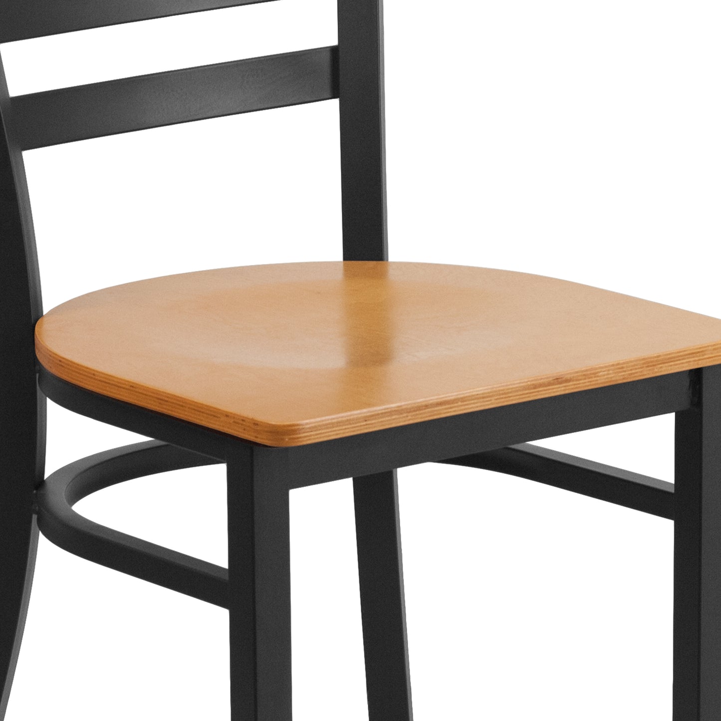HERCULES Series Black Ladder Back Metal Restaurant Chair - Natural Wood Seat Natural Wood Seat/Black Metal Frame