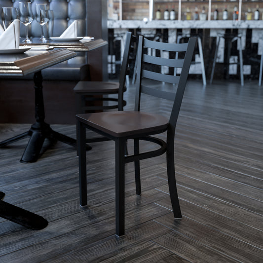 HERCULES Series Black Ladder Back Metal Restaurant Chair - Walnut Wood Seat Walnut Wood Seat/Black Metal Frame