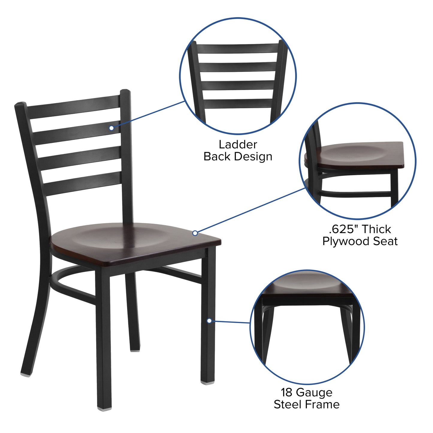 HERCULES Series Black Ladder Back Metal Restaurant Chair - Walnut Wood Seat Walnut Wood Seat/Black Metal Frame