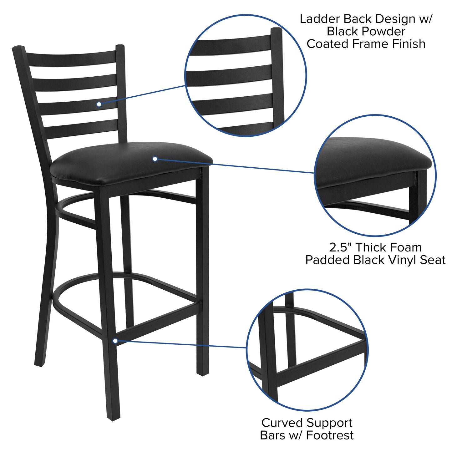 HERCULES Series Black Ladder Back Metal Restaurant Barstool - Black Vinyl Seat Black Vinyl Seat/Black Metal Frame