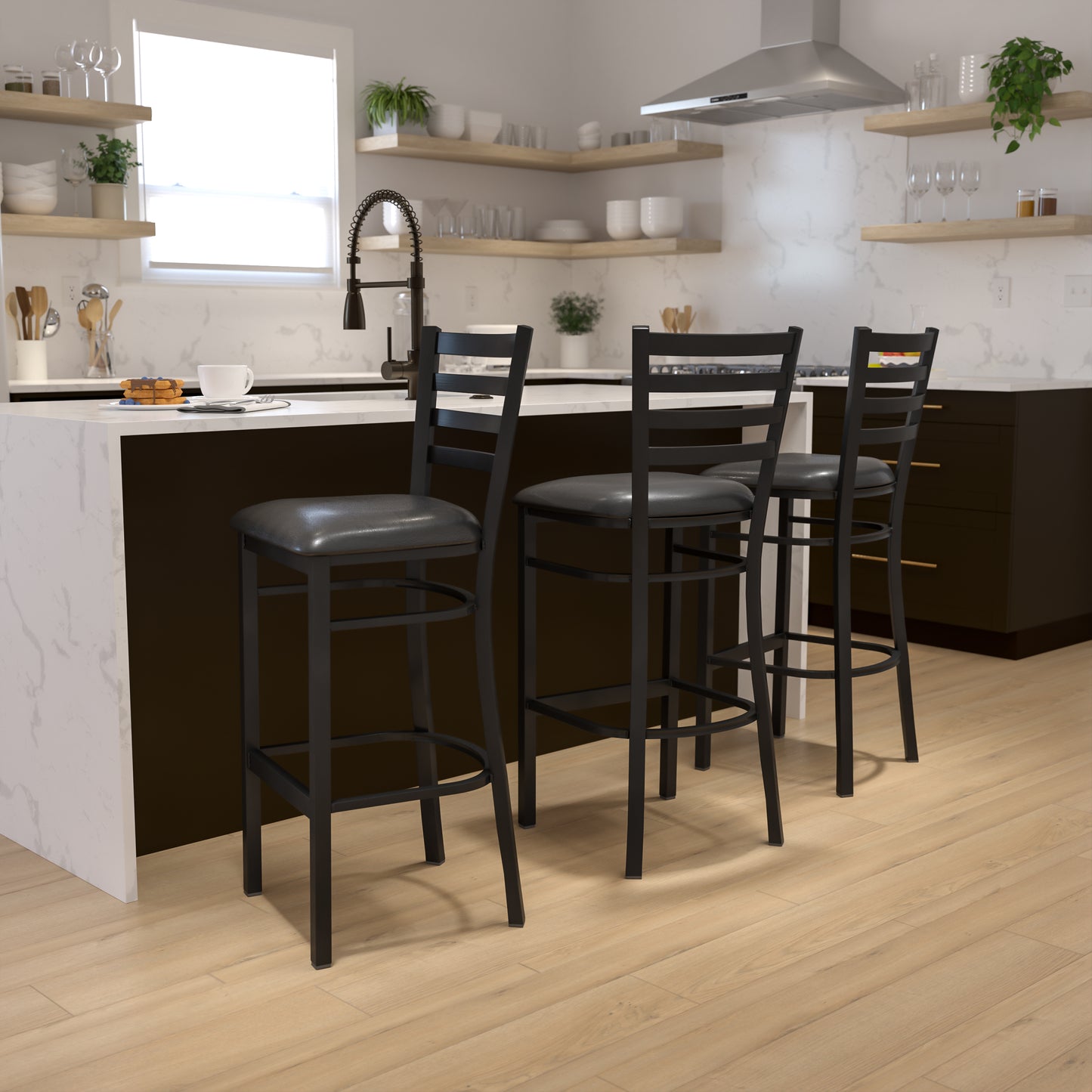 HERCULES Series Black Ladder Back Metal Restaurant Barstool - Black Vinyl Seat Black Vinyl Seat/Black Metal Frame