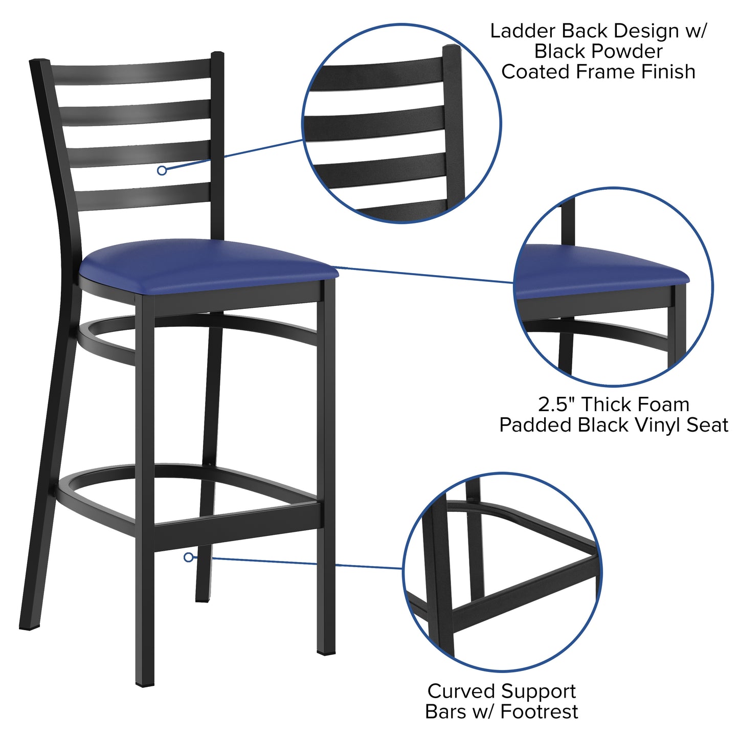 HERCULES Black Ladder Back Metal Restaurant Barstool - Blue Vinyl Seat Blue Vinyl Seat/Black Metal Frame