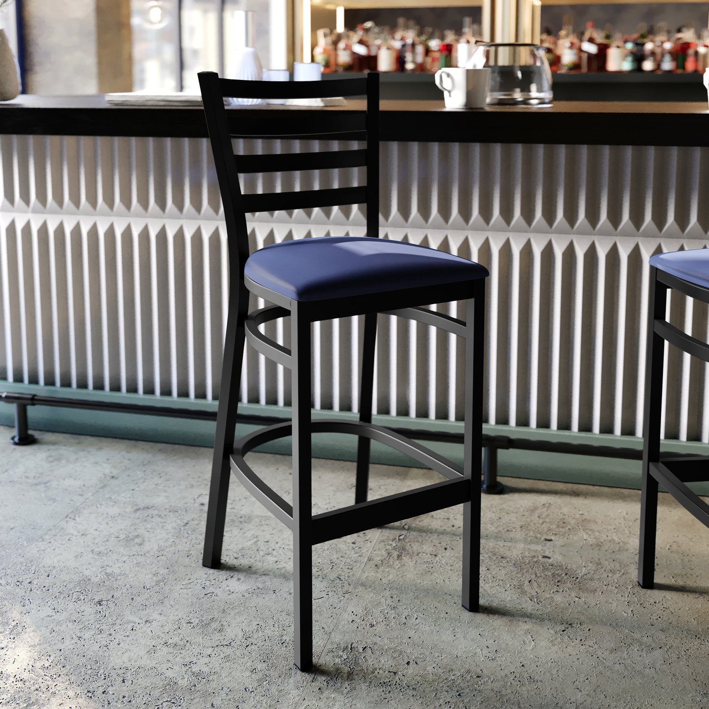 HERCULES Black Ladder Back Metal Restaurant Barstool - Blue Vinyl Seat Blue Vinyl Seat/Black Metal Frame