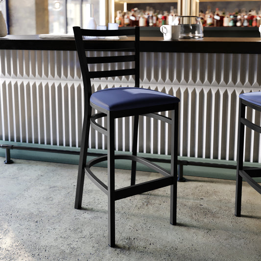 HERCULES Black Ladder Back Metal Restaurant Barstool - Blue Vinyl Seat Blue Vinyl Seat/Black Metal Frame
