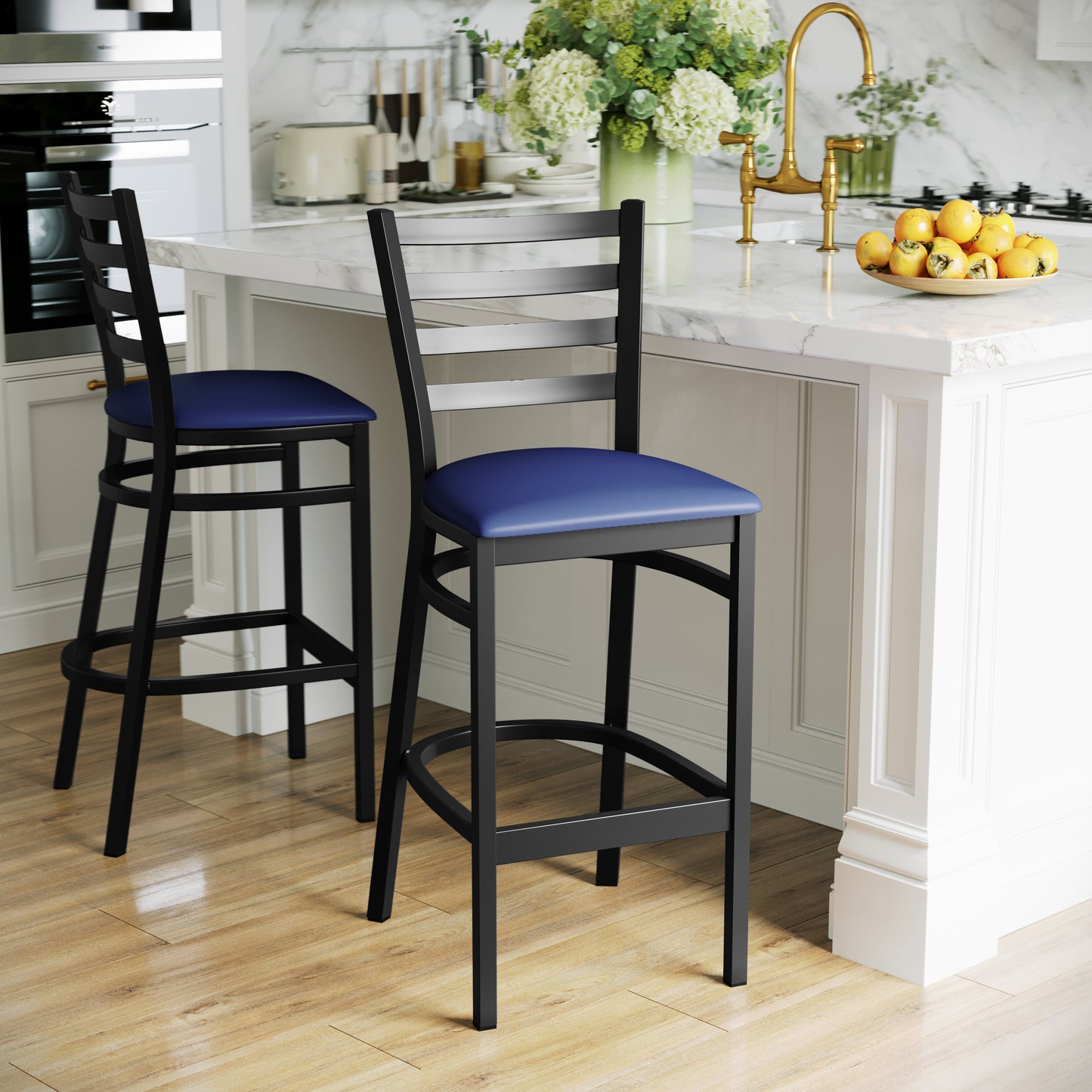 HERCULES Black Ladder Back Metal Restaurant Barstool - Blue Vinyl Seat Blue Vinyl Seat/Black Metal Frame