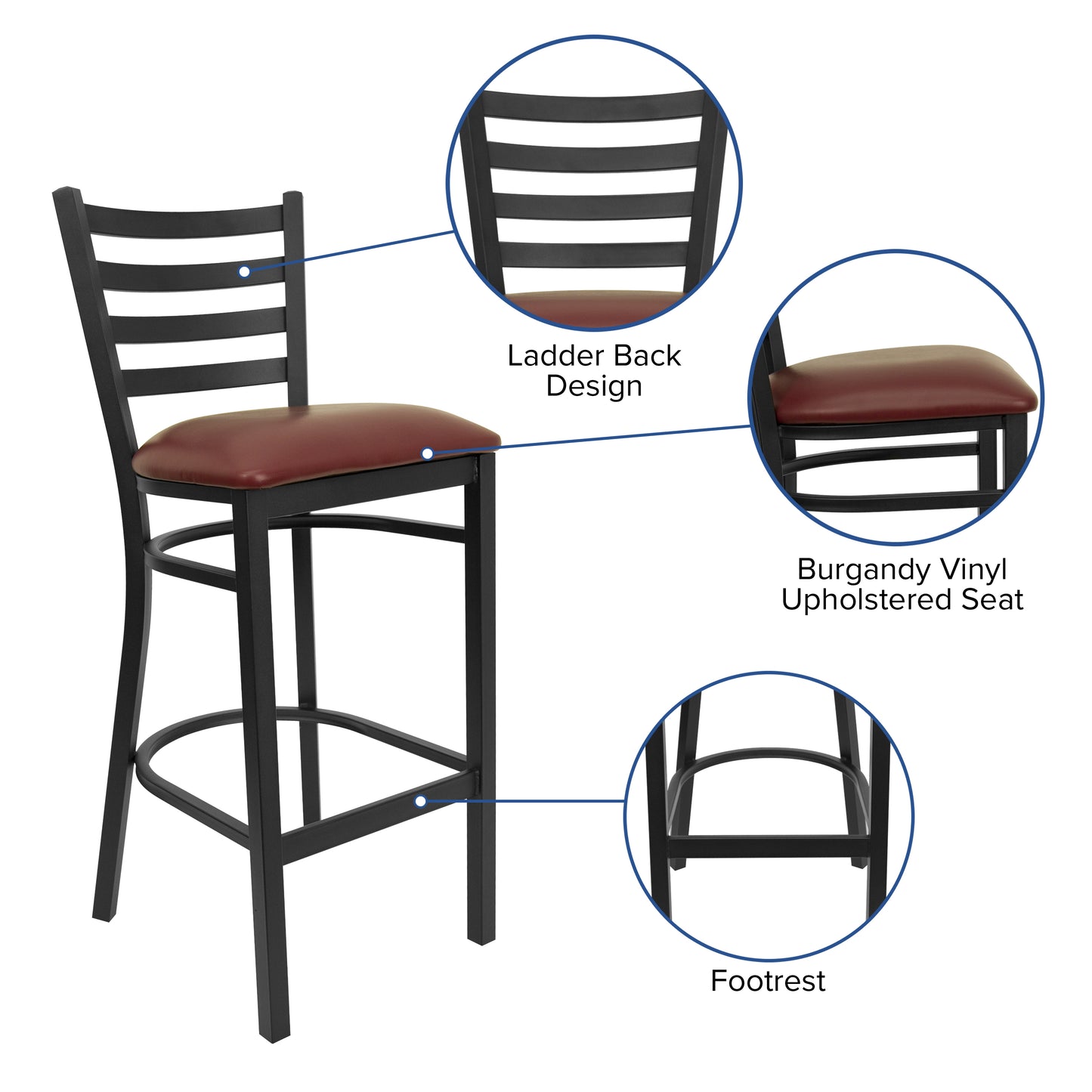 HERCULES Series Black Ladder Back Metal Restaurant Barstool - Burgundy Vinyl Seat Burgundy Vinyl Seat/Black Metal Frame XU-DG697BLAD-BAR-BURV-GG