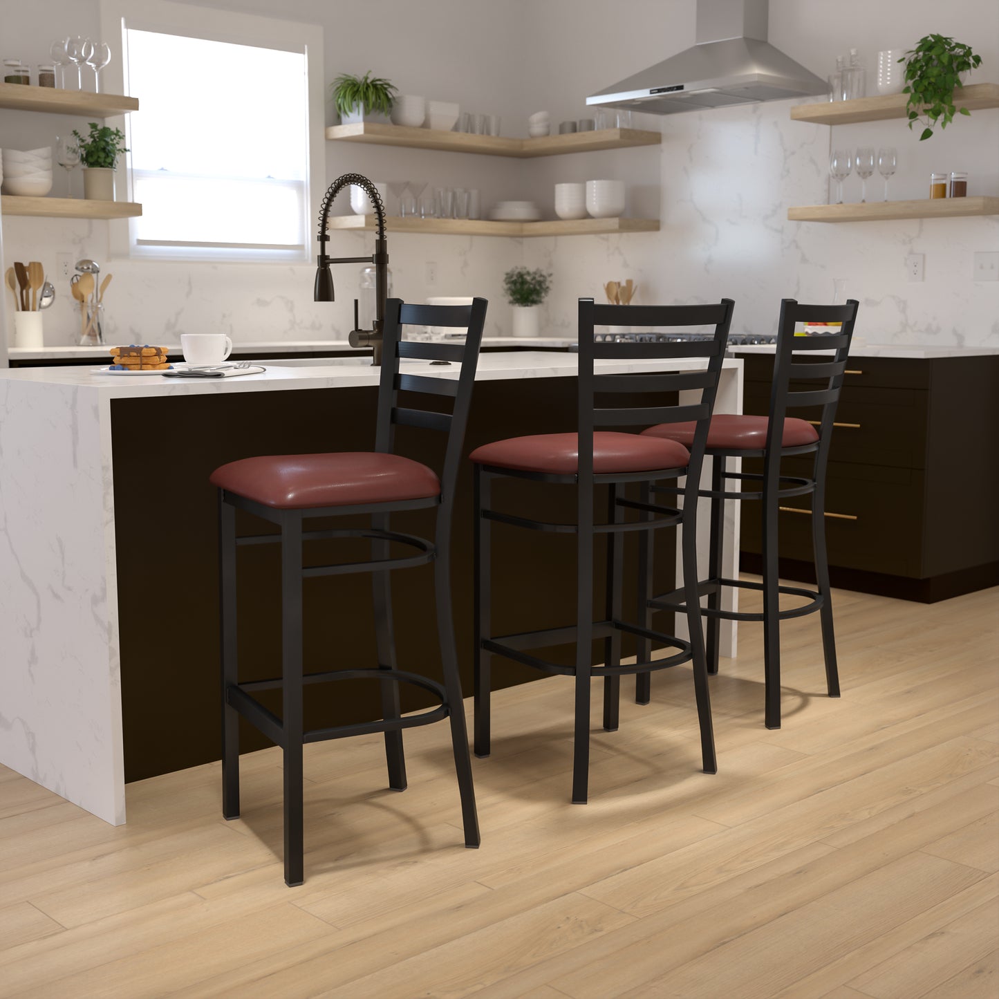 HERCULES Series Black Ladder Back Metal Restaurant Barstool - Burgundy Vinyl Seat Burgundy Vinyl Seat/Black Metal Frame XU-DG697BLAD-BAR-BURV-GG