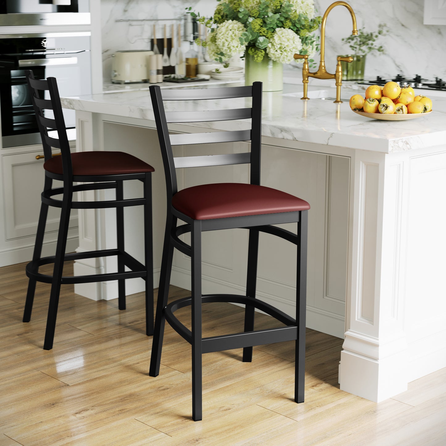 HERCULES Series Black Ladder Back Metal Restaurant Barstool - Burgundy Vinyl Seat Burgundy Vinyl Seat/Black Metal Frame XU-DG697BLAD-BAR-BURV-GG