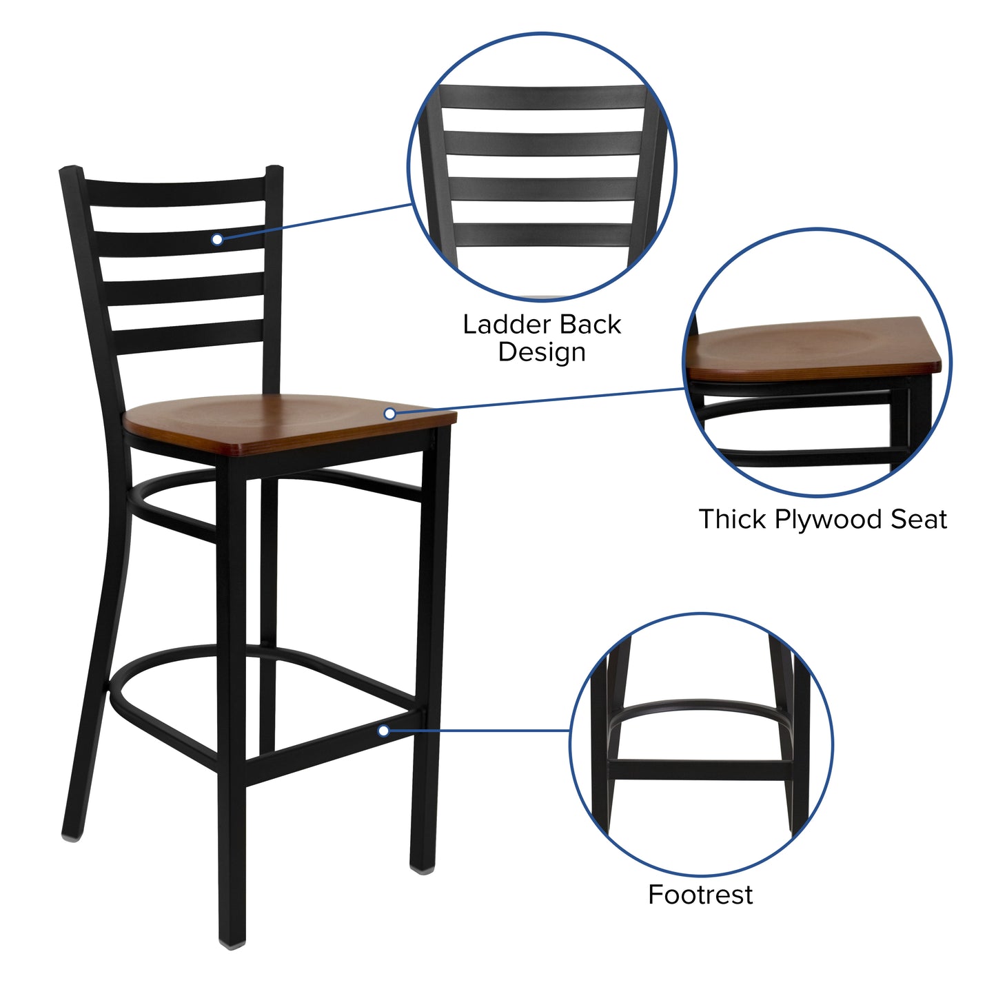 HERCULES Series Black Ladder Back Metal Restaurant Barstool - Cherry Wood Seat Cherry Wood Seat/Black Metal Frame