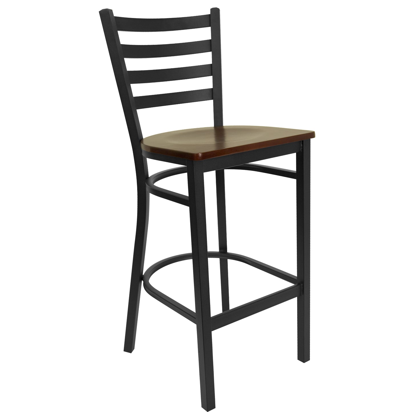 HERCULES Series Black Ladder Back Metal Restaurant Barstool - Mahogany Wood Seat Mahogany Wood Seat/Black Metal Frame