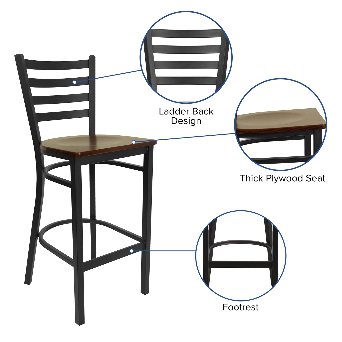 HERCULES Series Black Ladder Back Metal Restaurant Barstool - Mahogany Wood Seat Mahogany Wood Seat/Black Metal Frame