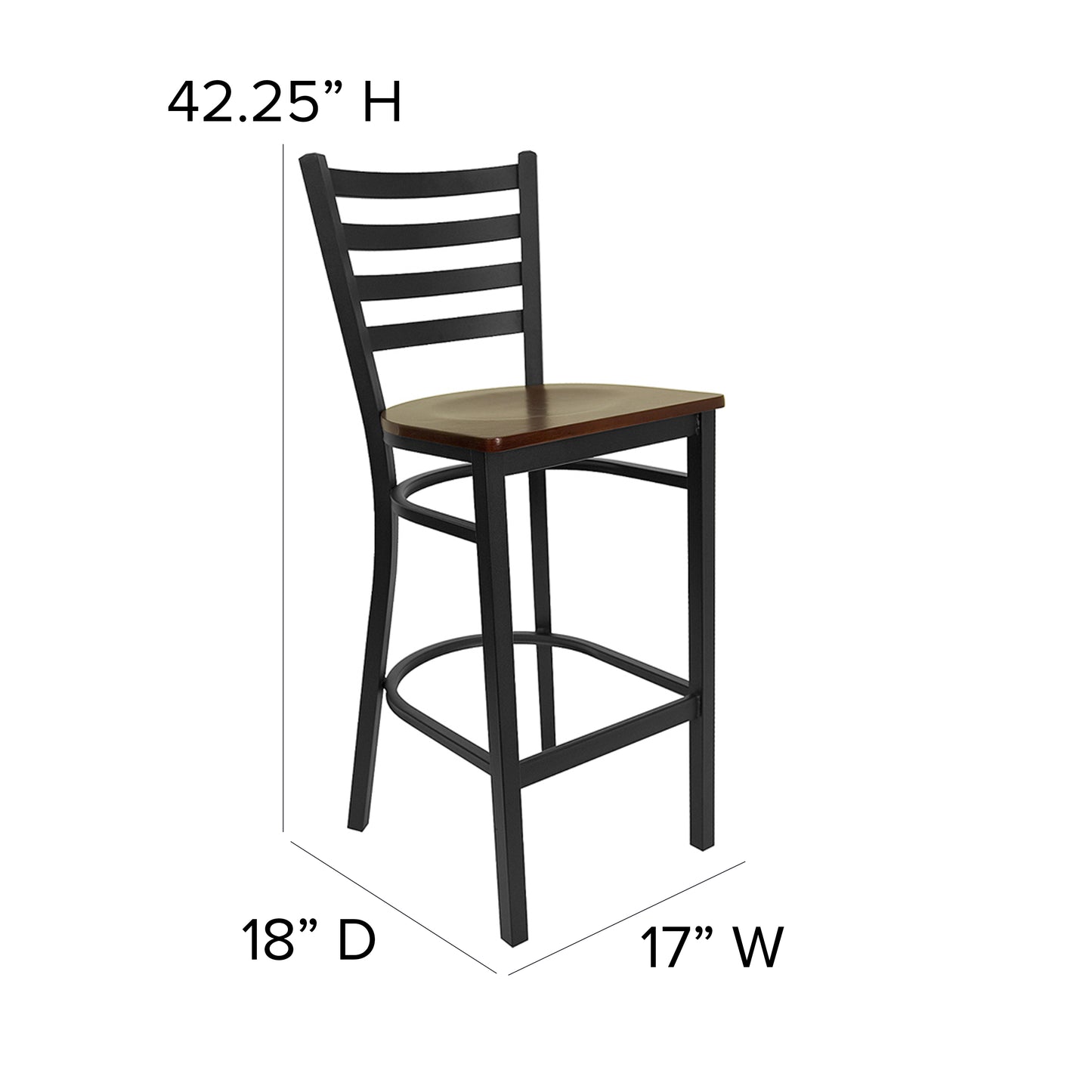 HERCULES Series Black Ladder Back Metal Restaurant Barstool - Mahogany Wood Seat Mahogany Wood Seat/Black Metal Frame