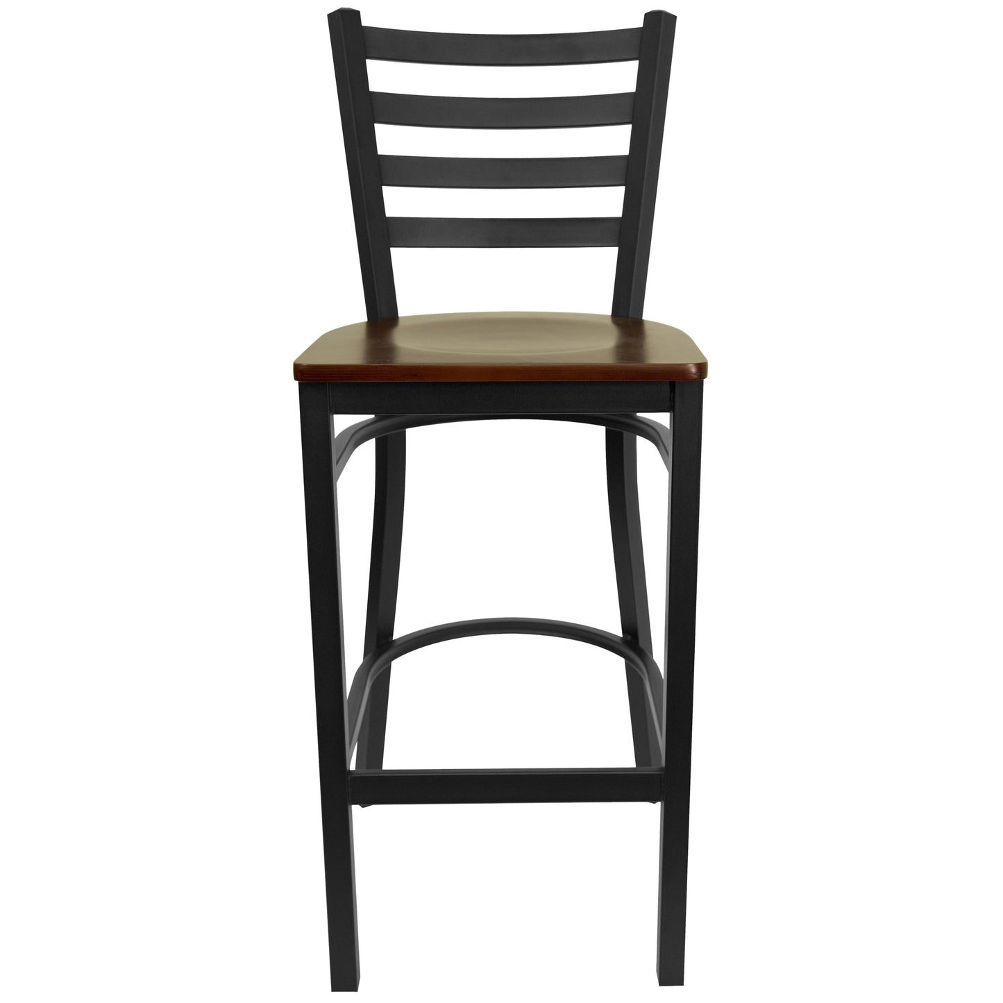 HERCULES Series Black Ladder Back Metal Restaurant Barstool - Mahogany Wood Seat Mahogany Wood Seat/Black Metal Frame