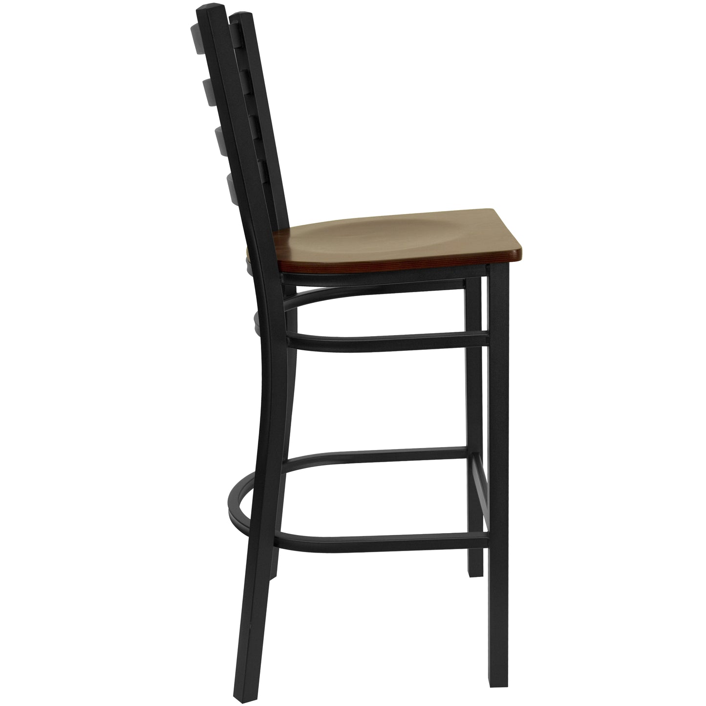 HERCULES Series Black Ladder Back Metal Restaurant Barstool - Mahogany Wood Seat Mahogany Wood Seat/Black Metal Frame