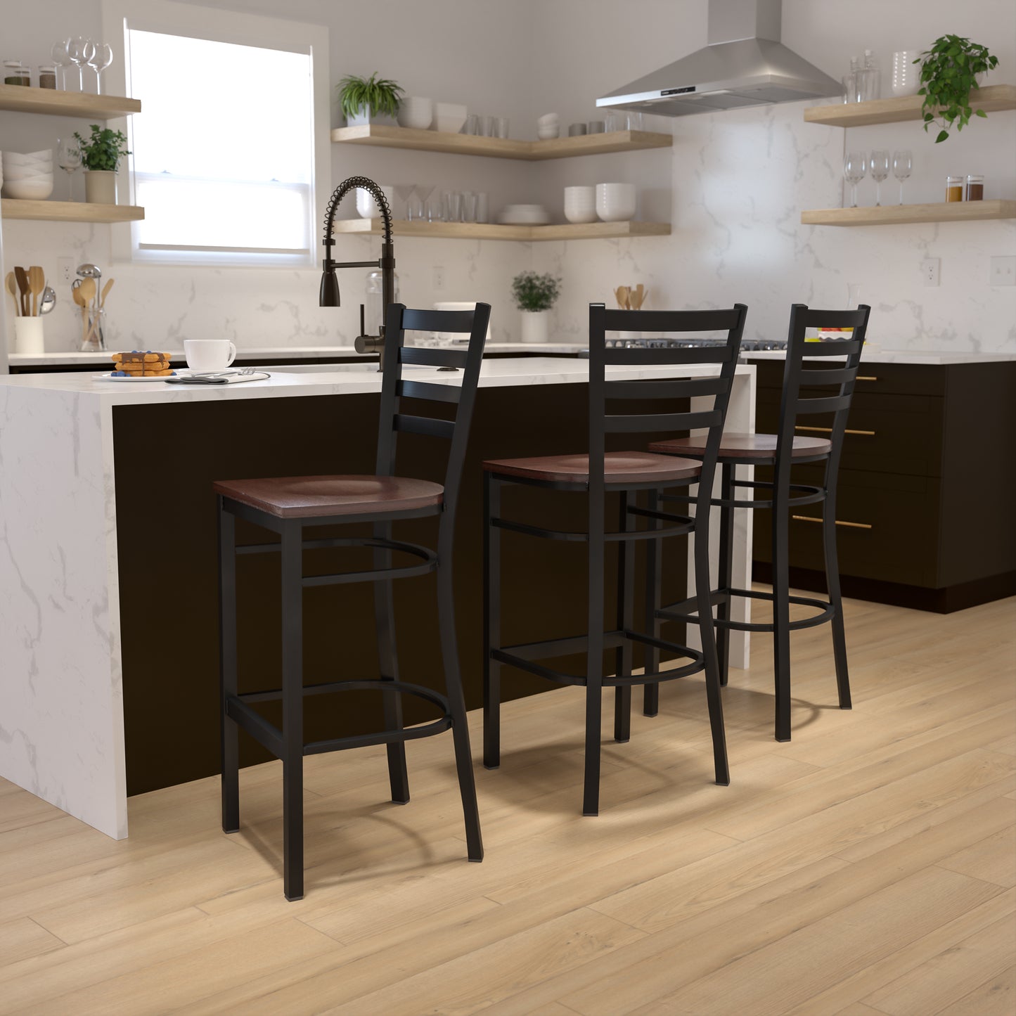 HERCULES Series Black Ladder Back Metal Restaurant Barstool - Mahogany Wood Seat Mahogany Wood Seat/Black Metal Frame