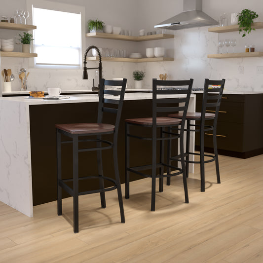 HERCULES Series Black Ladder Back Metal Restaurant Barstool - Mahogany Wood Seat Mahogany Wood Seat/Black Metal Frame