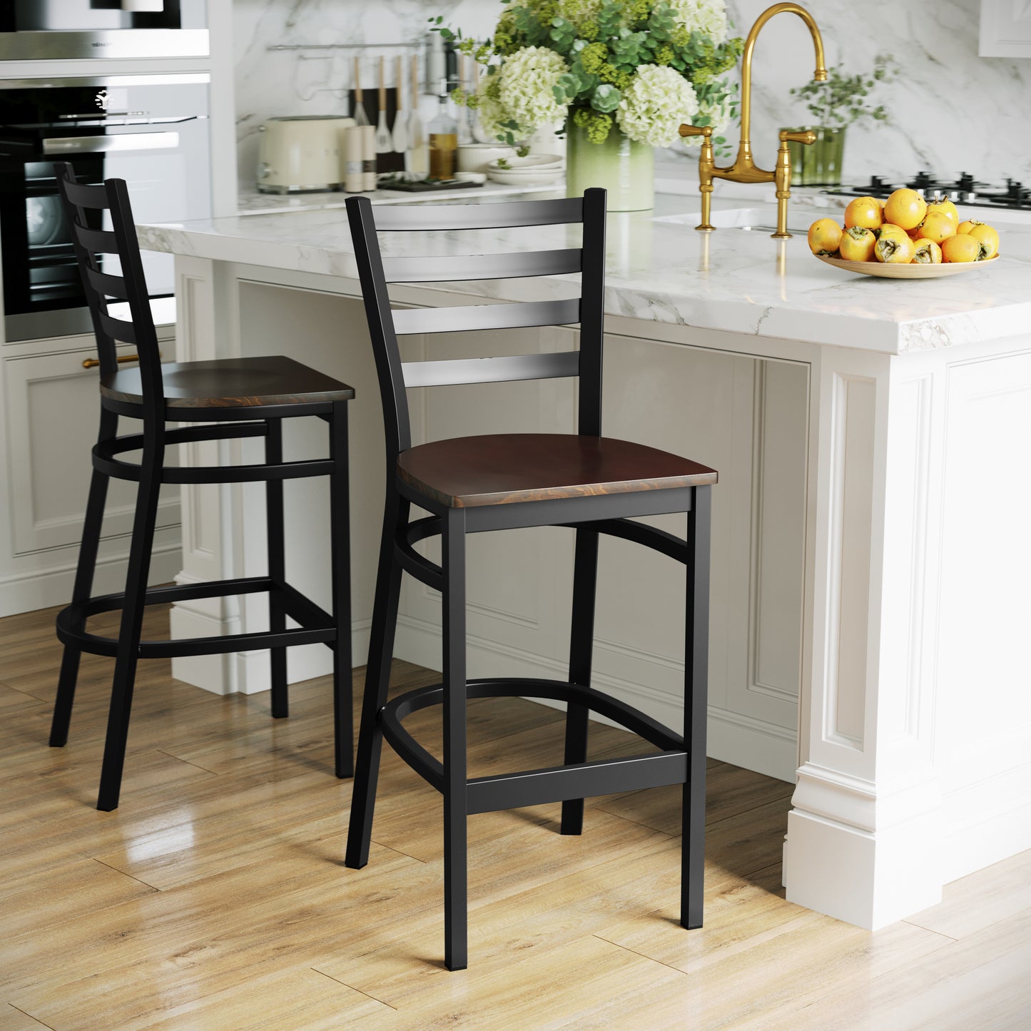 HERCULES Series Black Ladder Back Metal Restaurant Barstool - Mahogany Wood Seat Mahogany Wood Seat/Black Metal Frame
