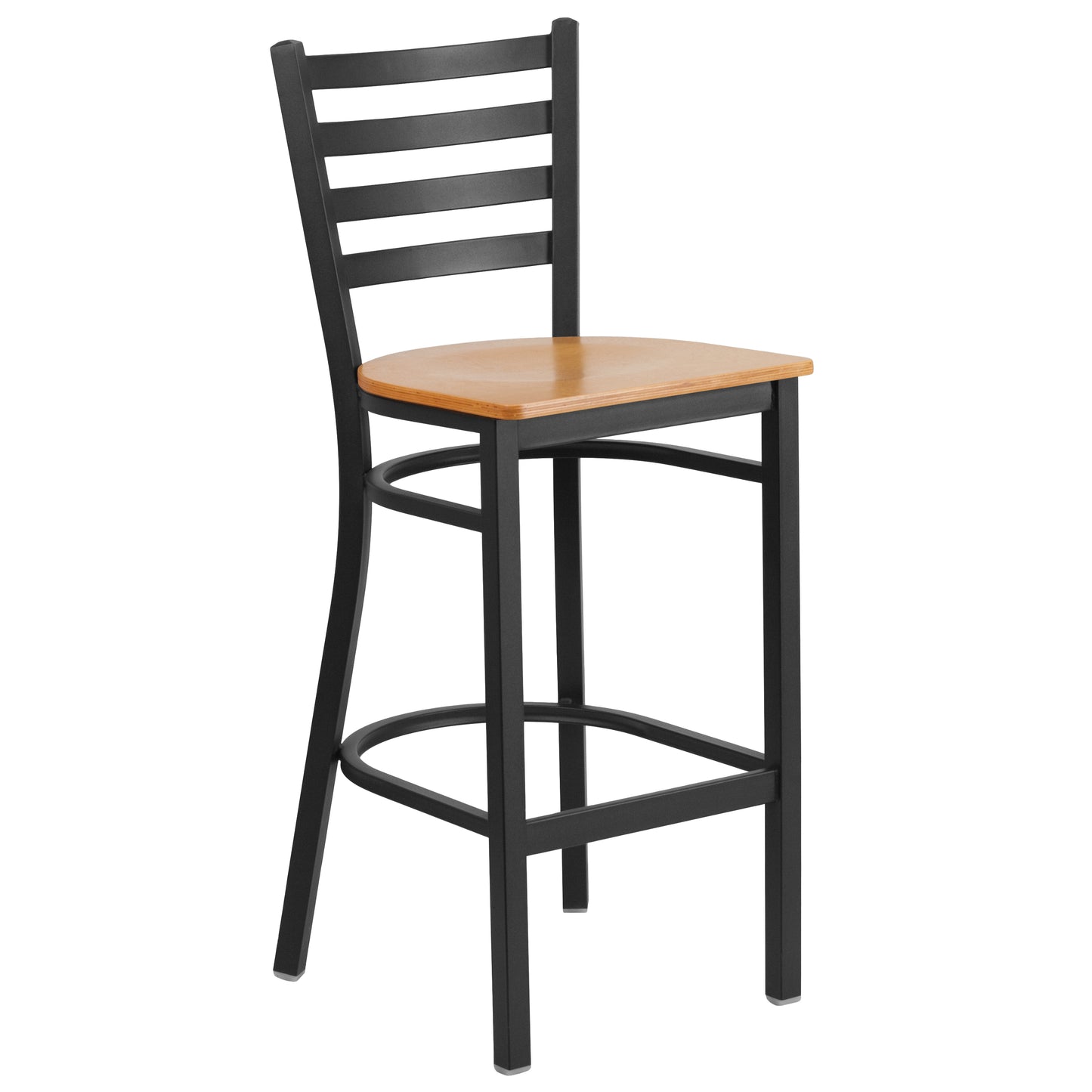 HERCULES Series Black Ladder Back Metal Restaurant Barstool - Natural Wood Seat Natural Wood Seat/Black Metal Frame XU-DG697BLAD-BAR-NATW-GG