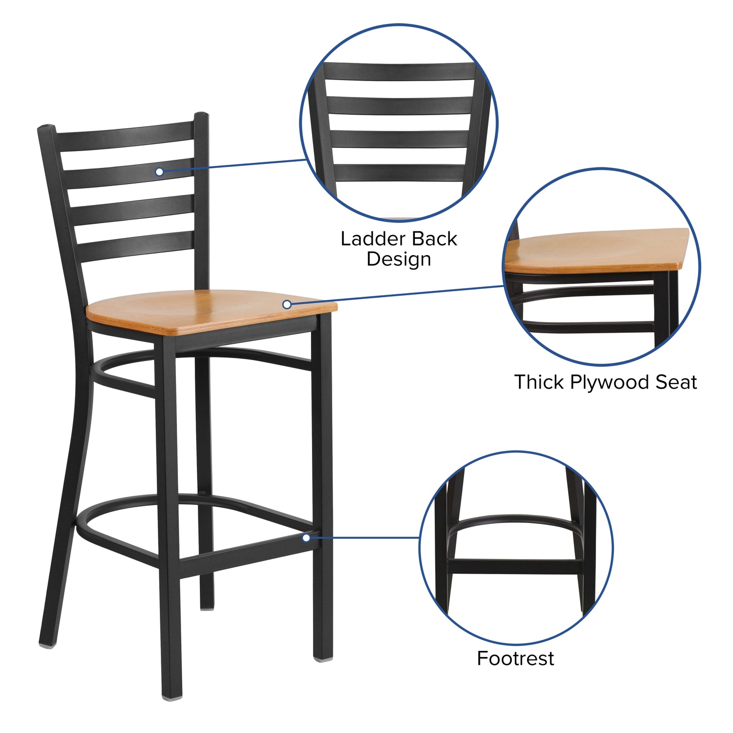 HERCULES Series Black Ladder Back Metal Restaurant Barstool - Natural Wood Seat Natural Wood Seat/Black Metal Frame XU-DG697BLAD-BAR-NATW-GG