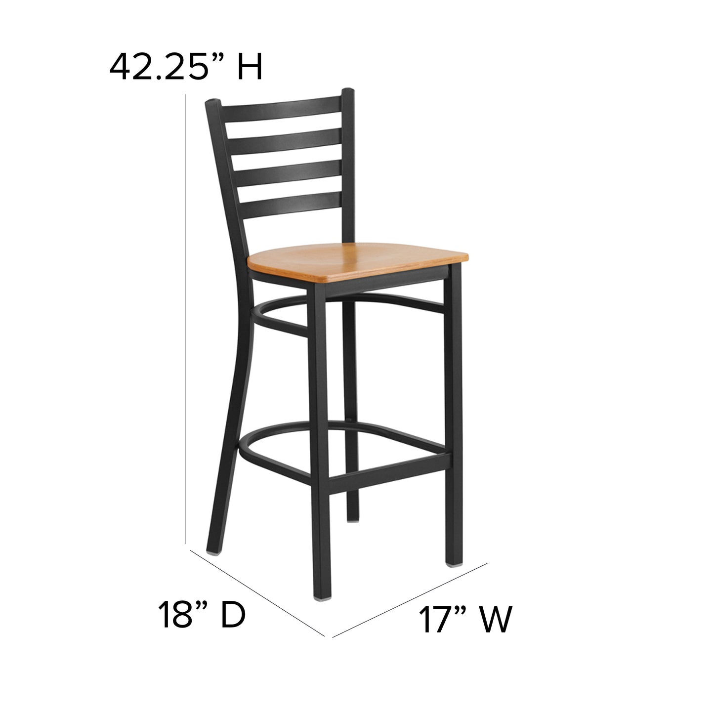 HERCULES Series Black Ladder Back Metal Restaurant Barstool - Natural Wood Seat Natural Wood Seat/Black Metal Frame XU-DG697BLAD-BAR-NATW-GG