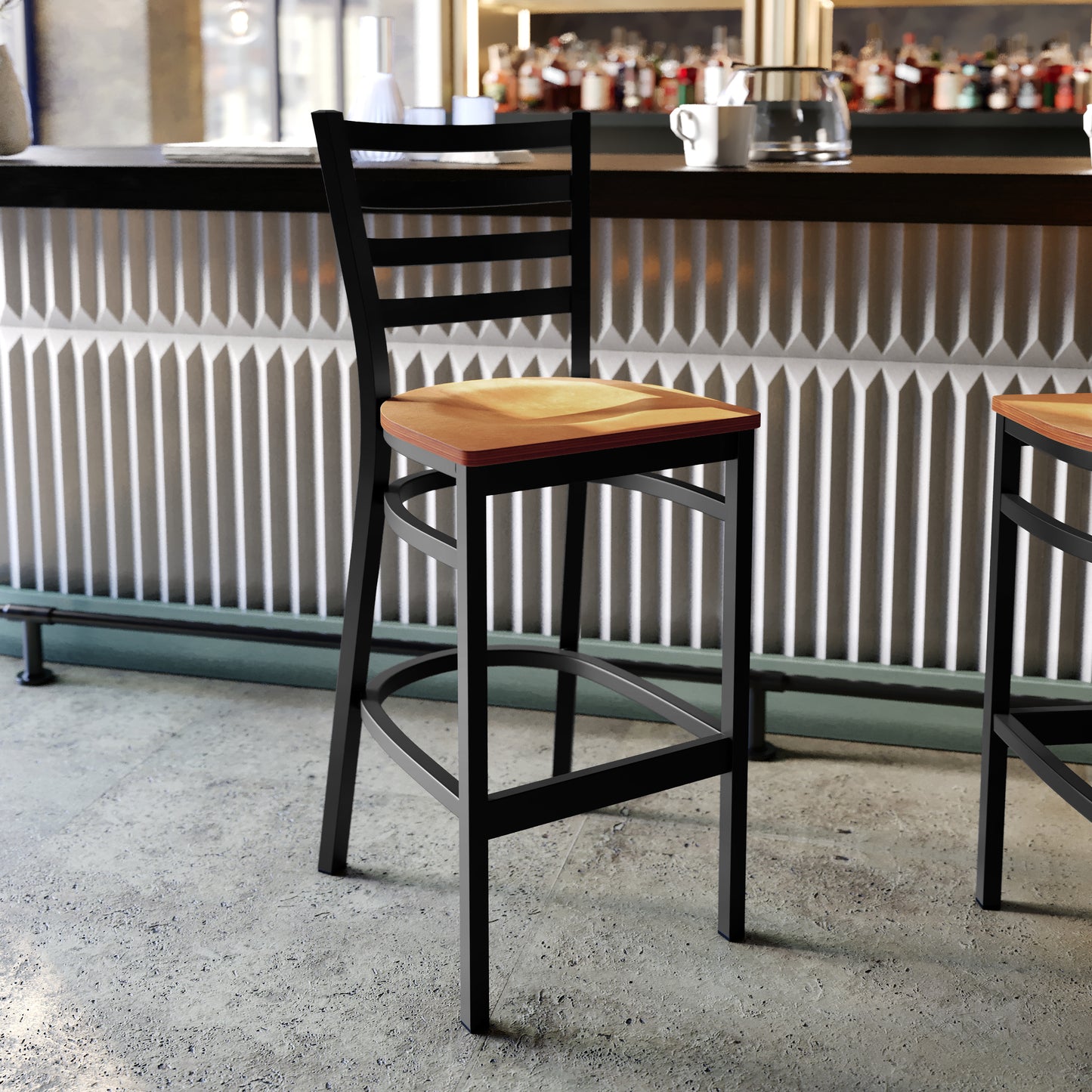HERCULES Series Black Ladder Back Metal Restaurant Barstool - Natural Wood Seat Natural Wood Seat/Black Metal Frame XU-DG697BLAD-BAR-NATW-GG