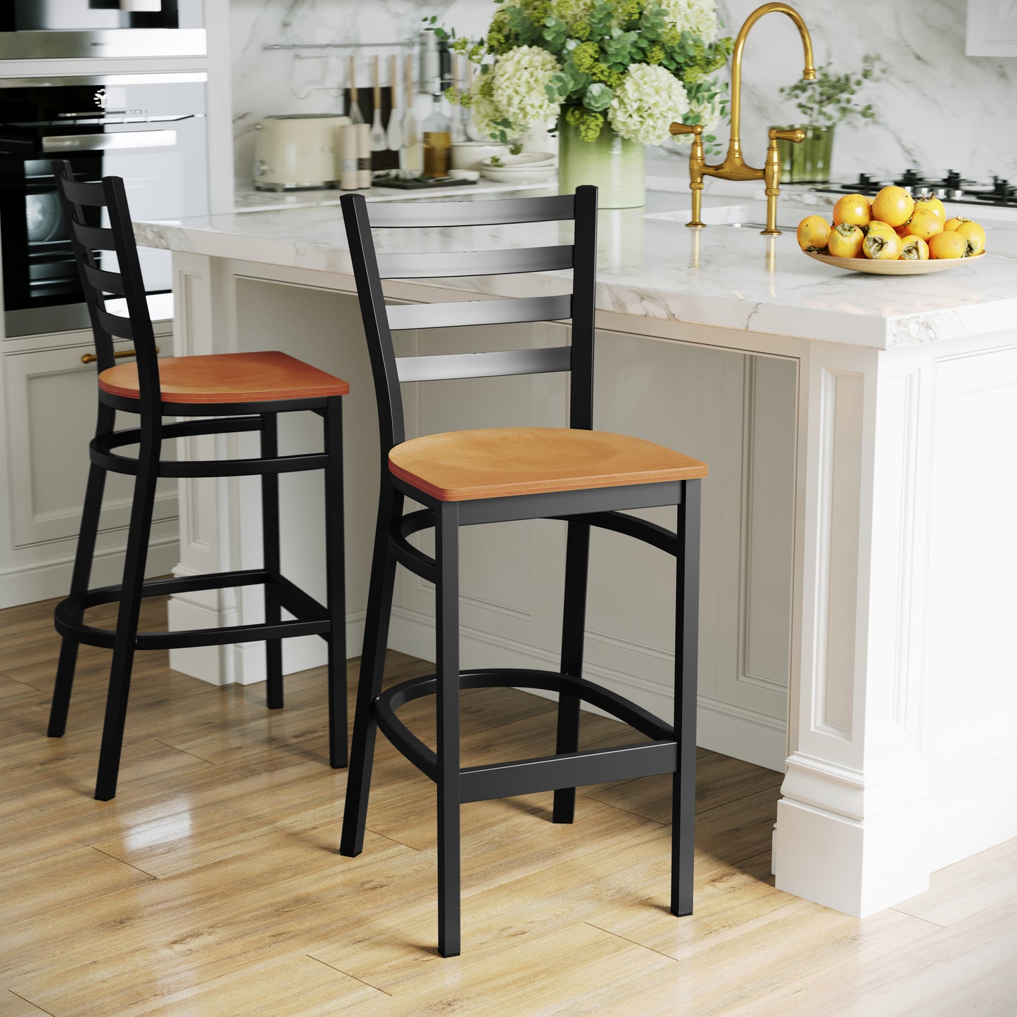 HERCULES Series Black Ladder Back Metal Restaurant Barstool - Natural Wood Seat Natural Wood Seat/Black Metal Frame XU-DG697BLAD-BAR-NATW-GG