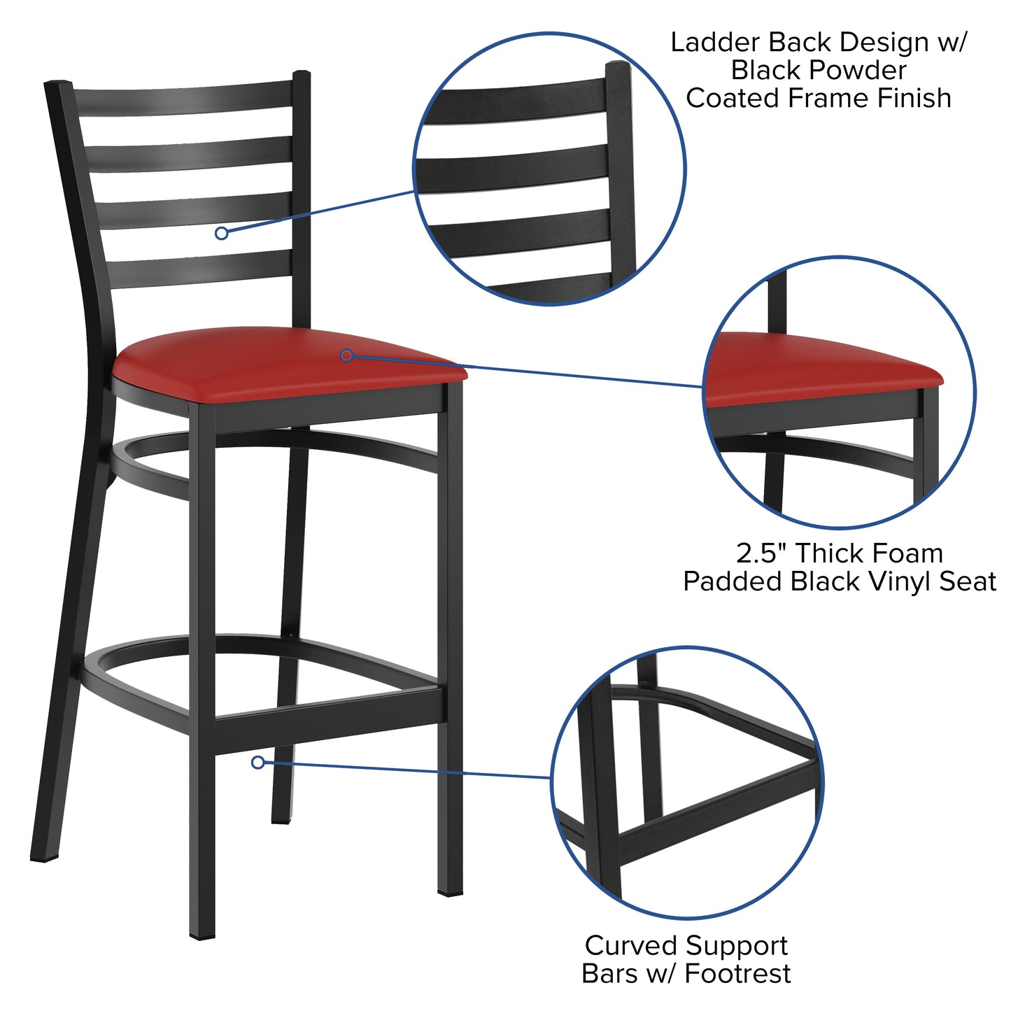 HERCULES Black Ladder Back Metal Restaurant Barstool - Red Vinyl Seat Red Vinyl Seat/Black Metal Frame