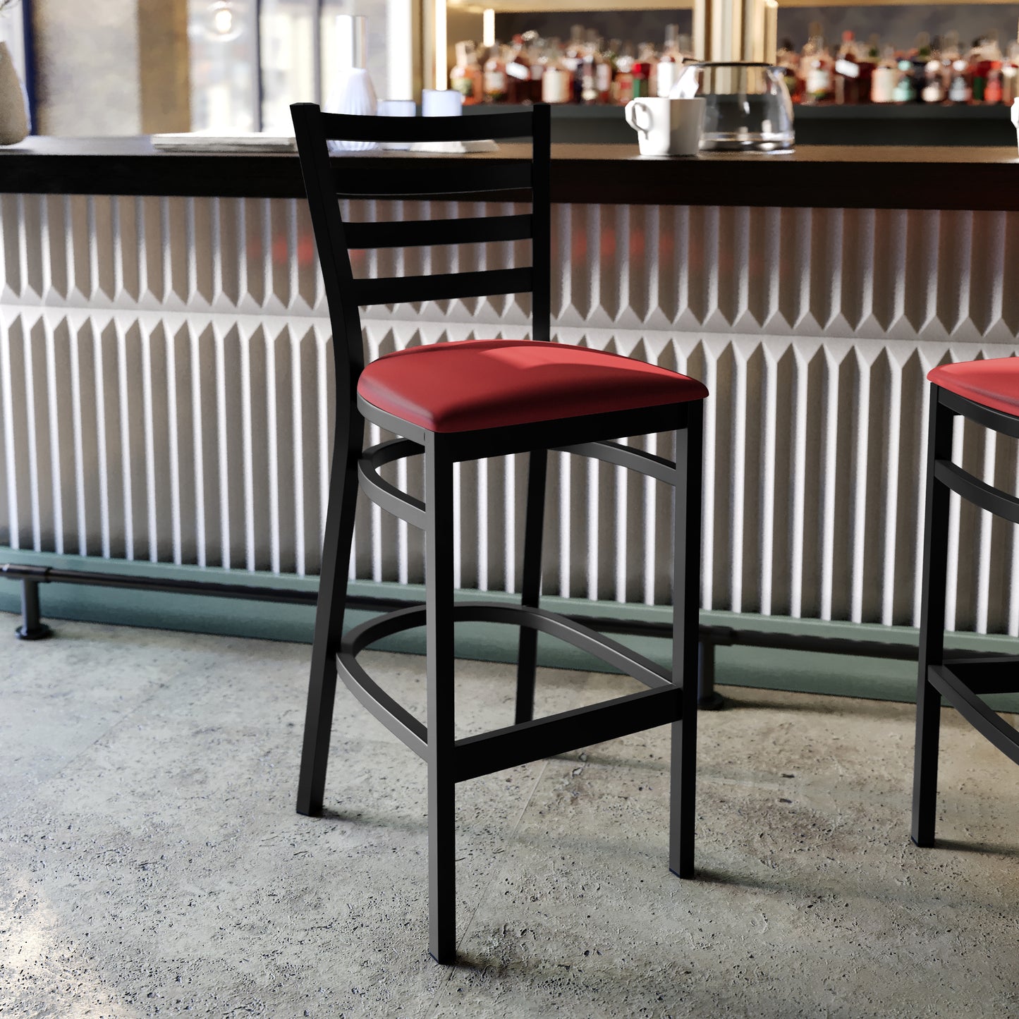HERCULES Black Ladder Back Metal Restaurant Barstool - Red Vinyl Seat Red Vinyl Seat/Black Metal Frame